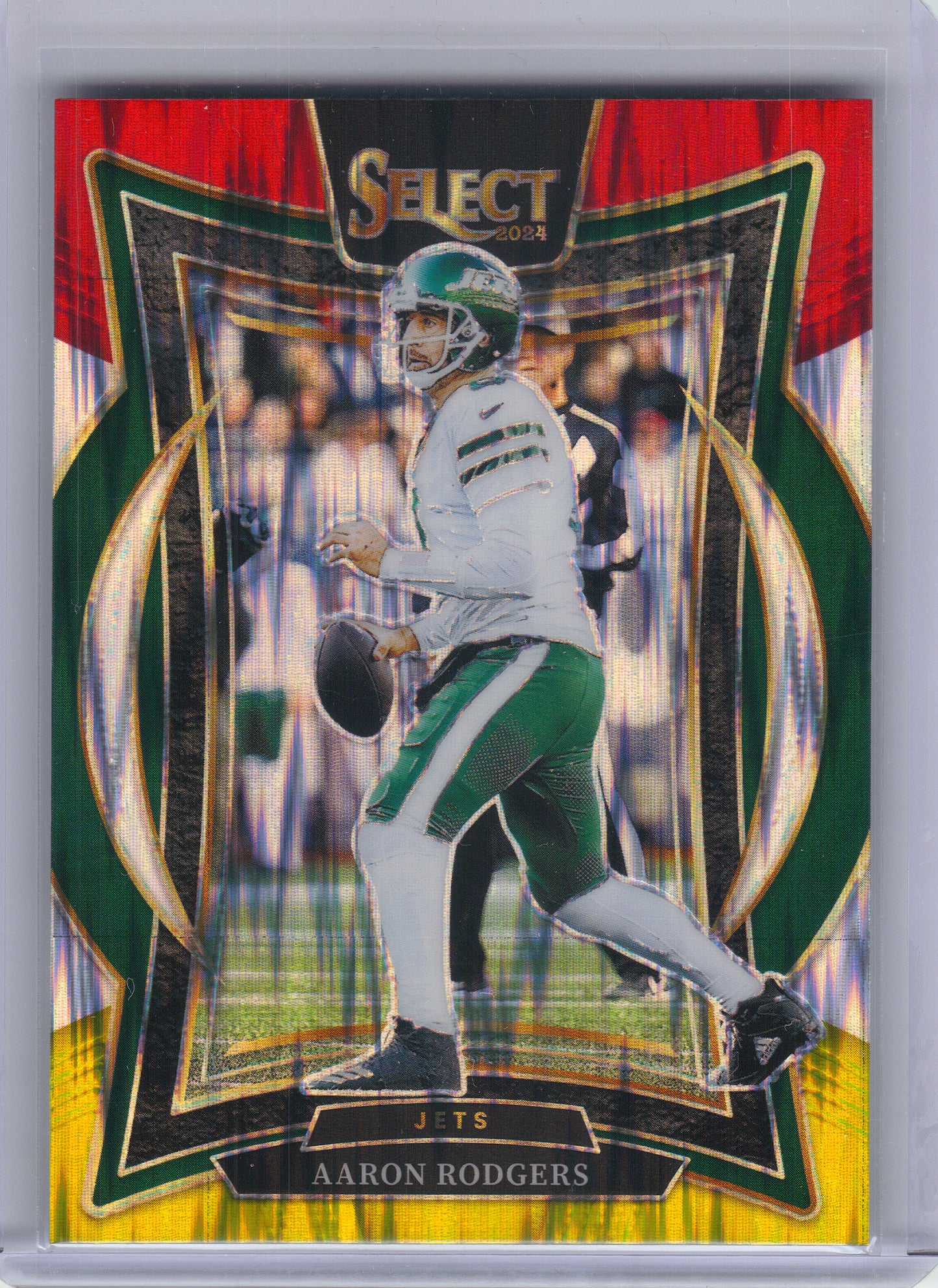 2024 Panini Select #40 Aaron Rodgers Red & Yellow Prizm Shock New York Jets