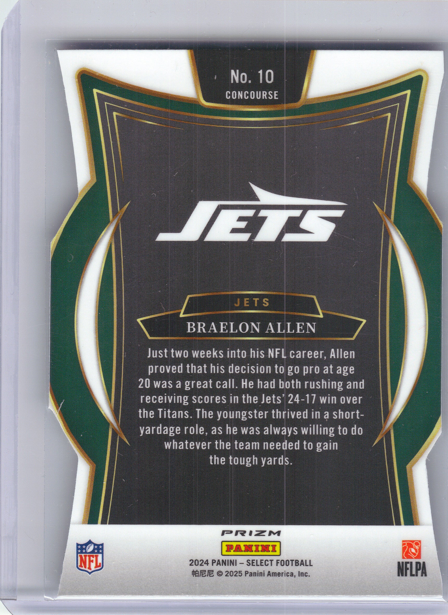 2024 Panini Select #10 Braelon Allen Silver Prizm Die Cut New York Jets RC
