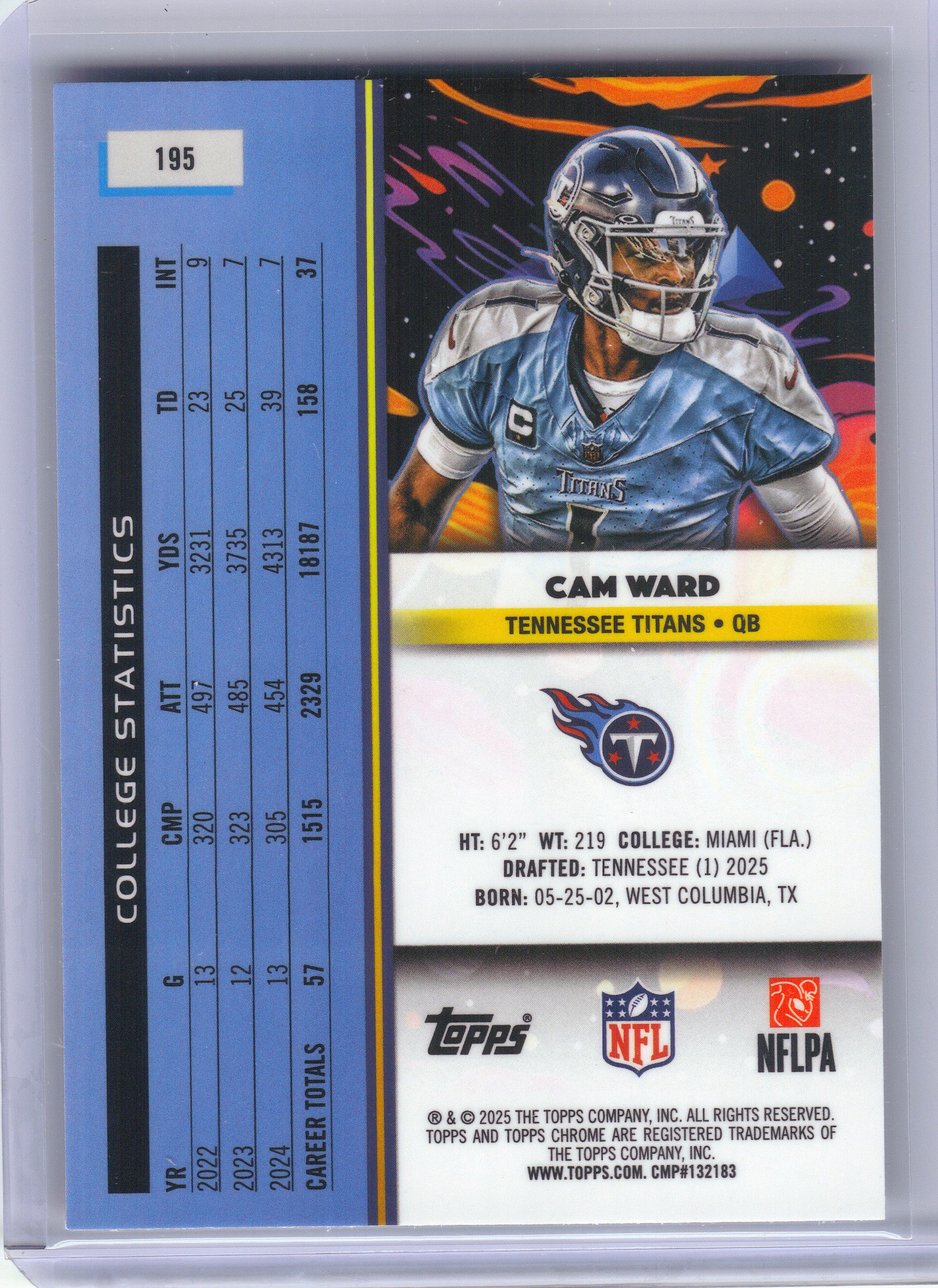 2025 Topps Chrome Cosmic #195 Cam Ward Tennessee Titans RC