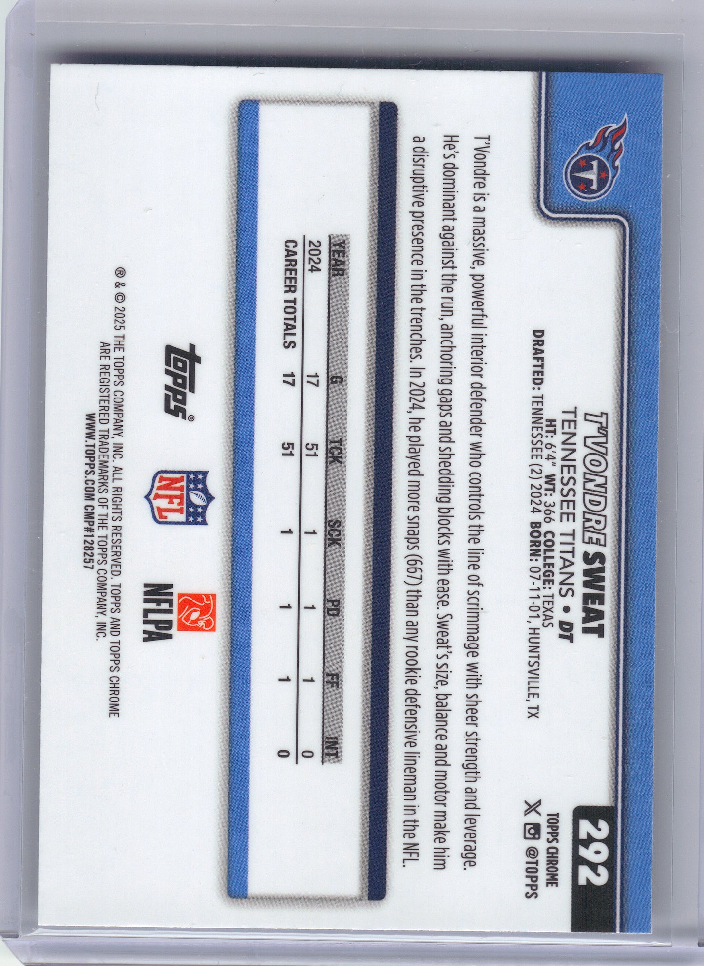 2025 Topps Chrome #292 T'Vondre Sweat Prism Refractor Tennessee Titans