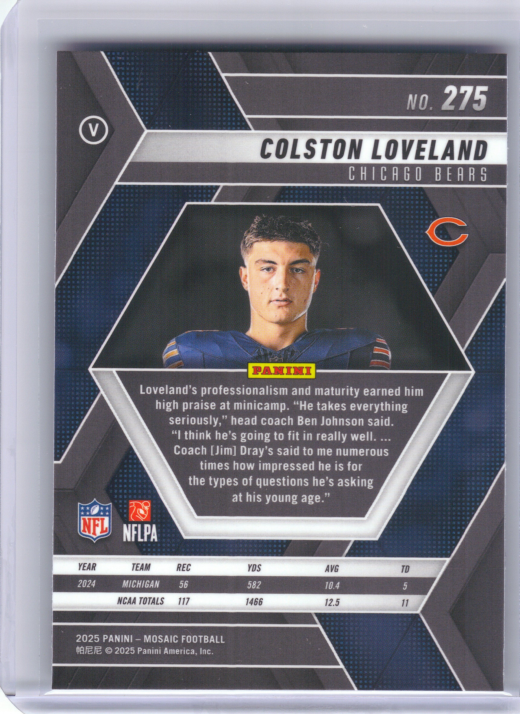 2025 Panini Mosaic #275 Colston Loveland V Chicago Bears RC
