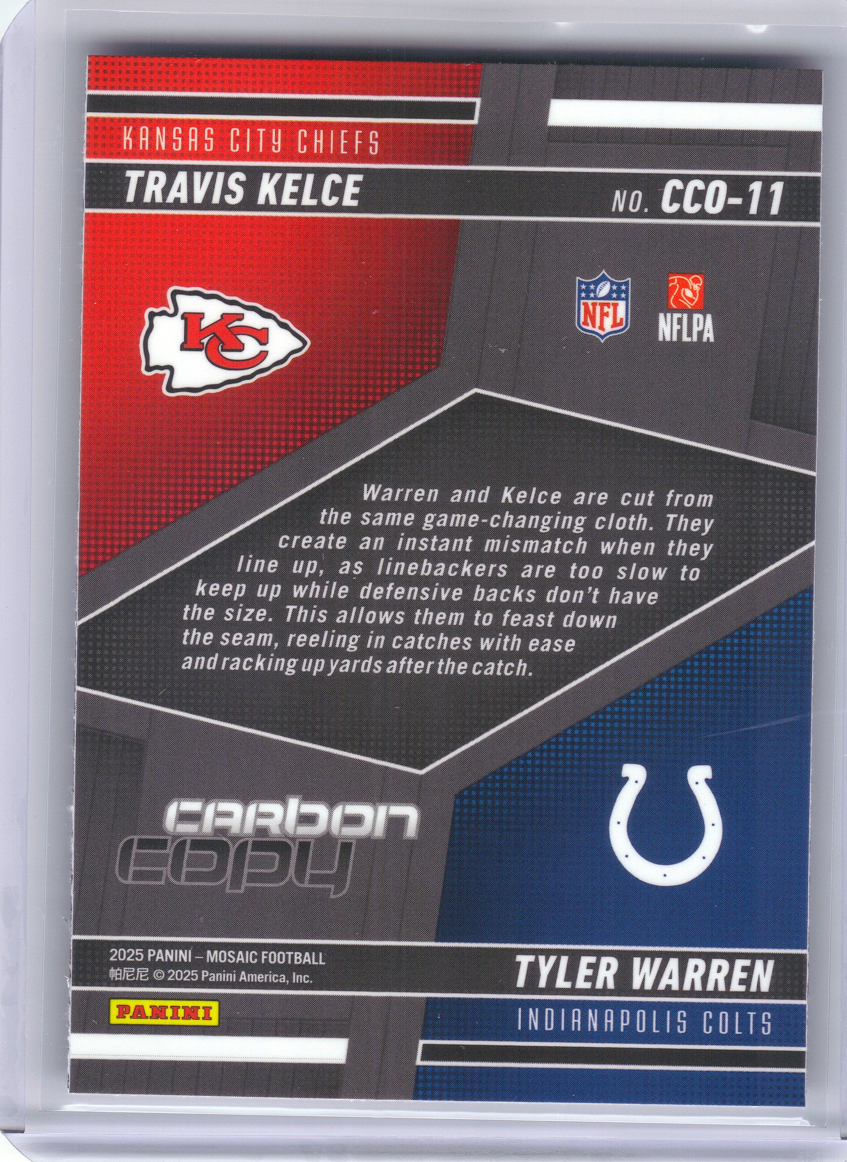 2025 Panini Mosaic #CCO-11 Travis Kelce / Tyler Warren Carbon Copy