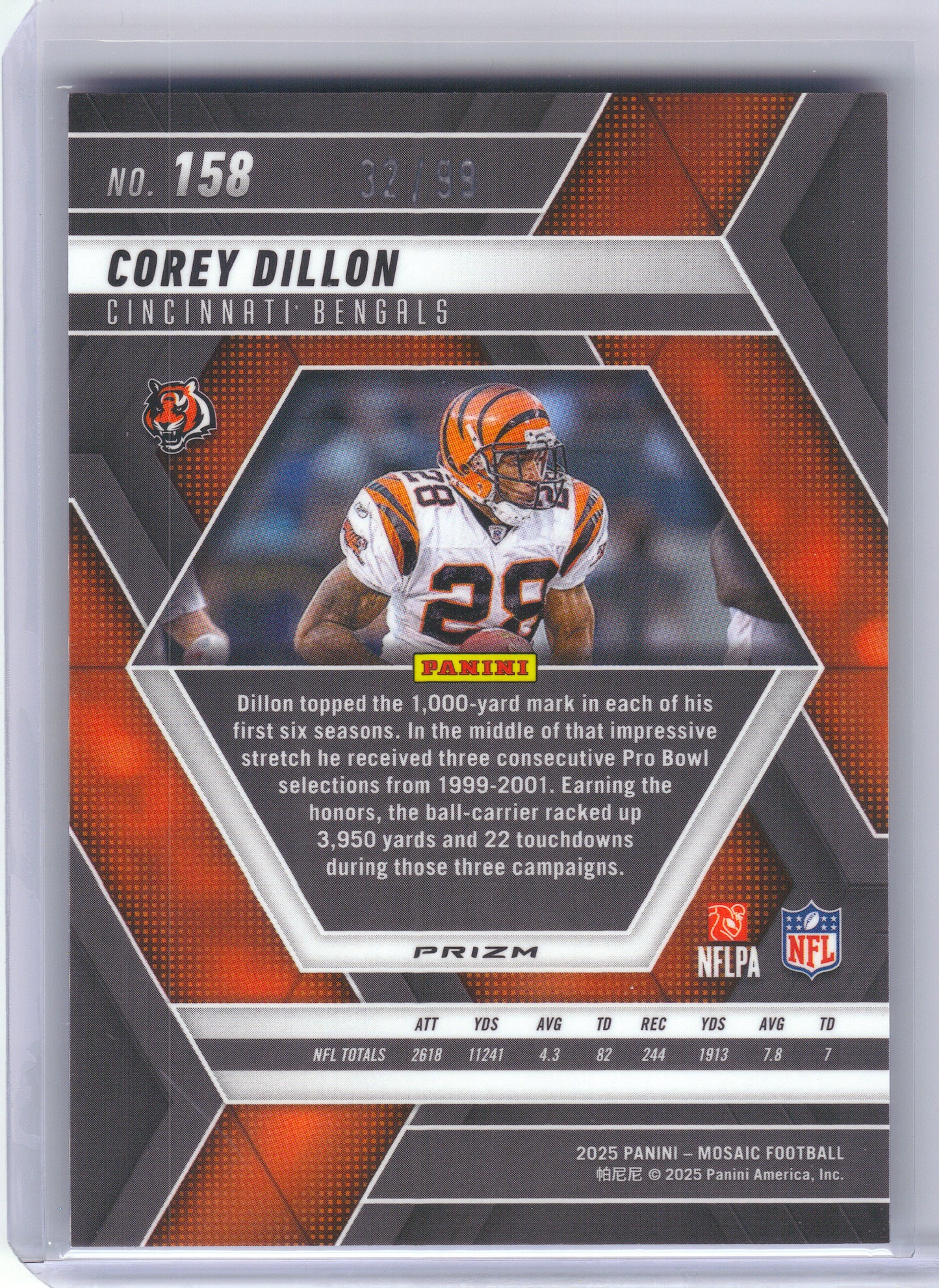 2025 Panini Mosaic #158 Corey Dillon Mosaic Blue #/99 Cincinnati Bengals SN