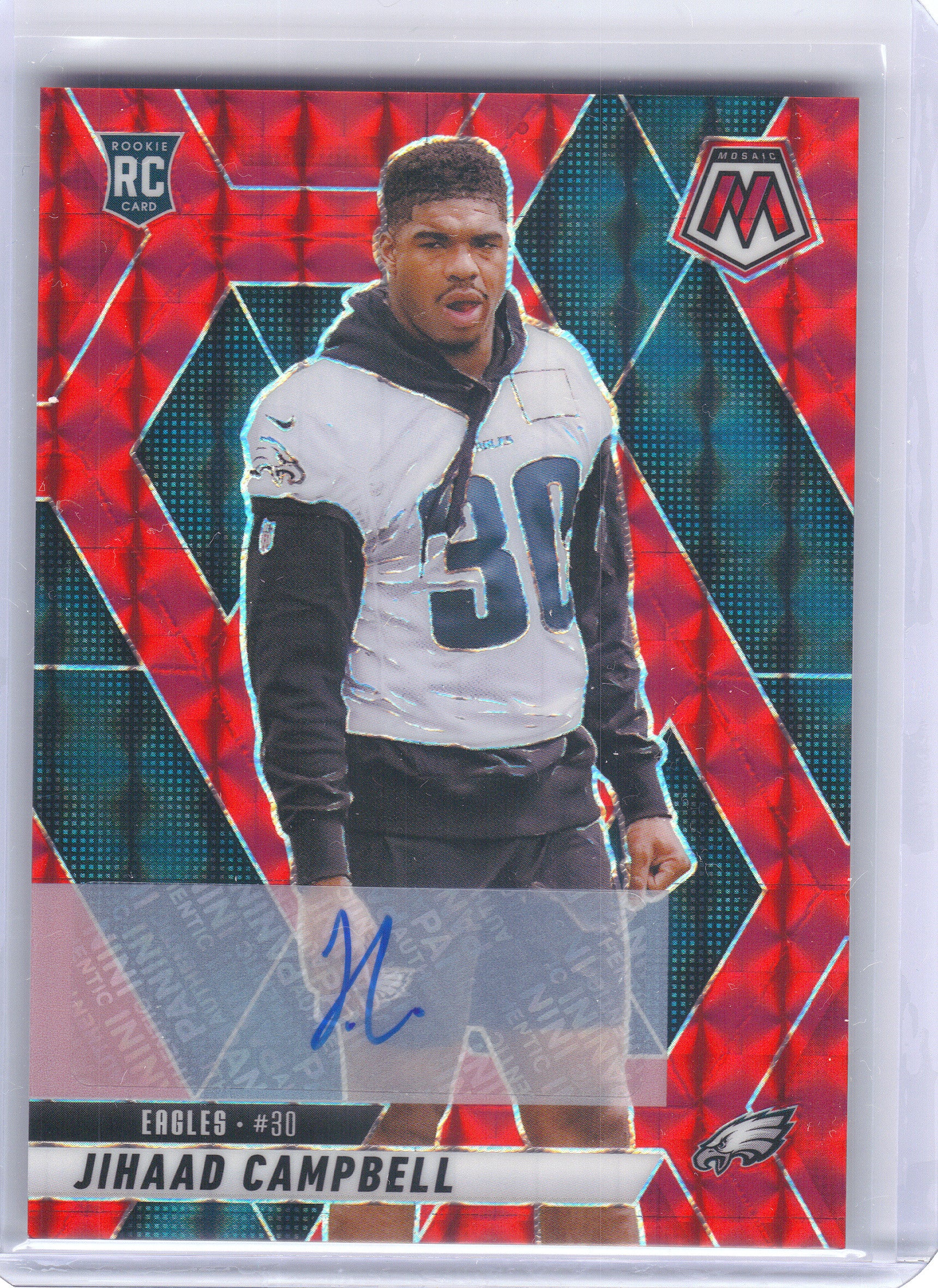2025 Panini Mosaic #341 Jihaad Campbell Rookie Autographs Mosaic Red #/199 Philadelphia Eagles SN,RC,AU