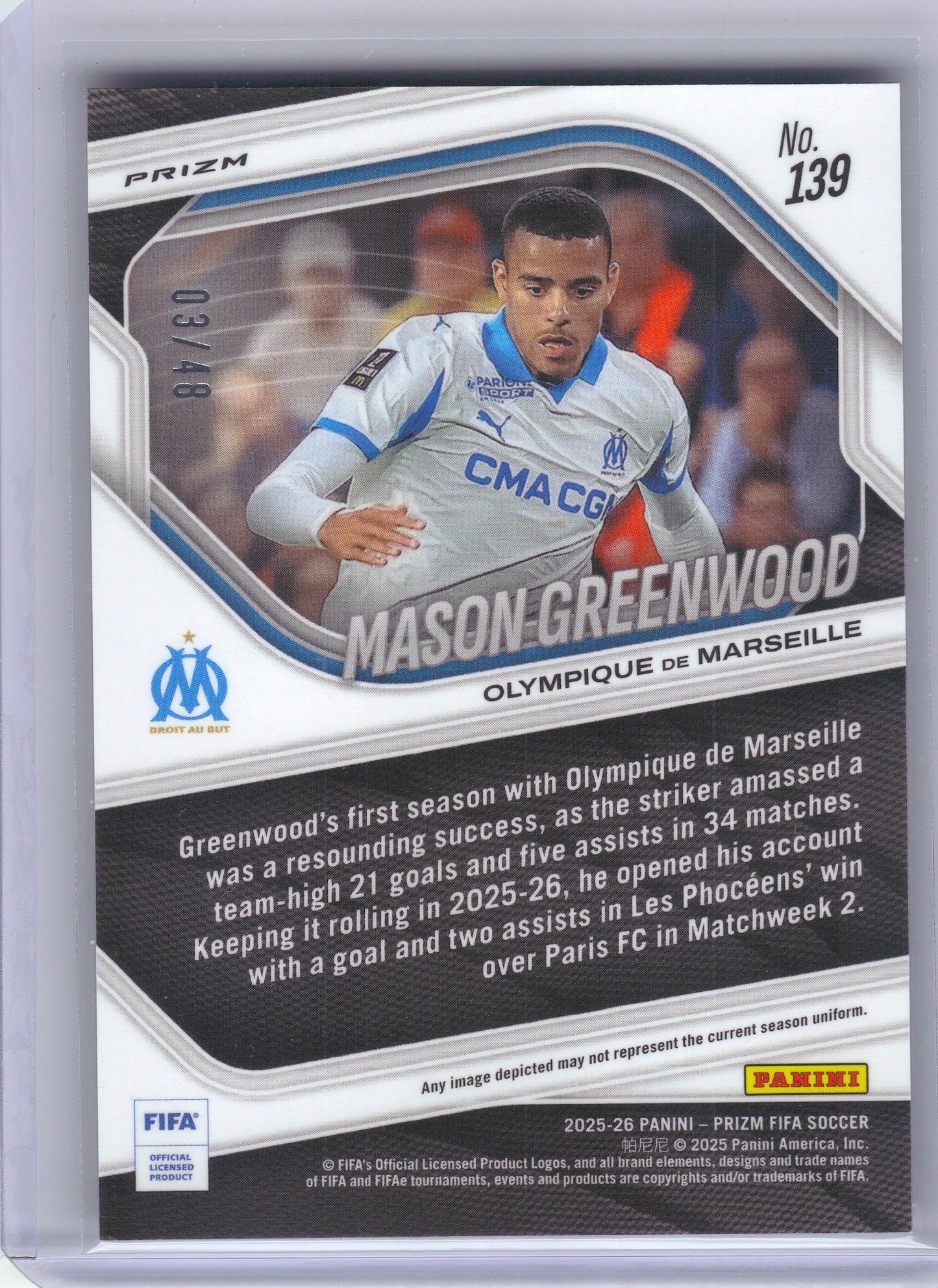 2025-26 Panini Prizm FIFA #139 Mason Greenwood Choice Snake Year Prizms #/48 Olympique de Marseille SN