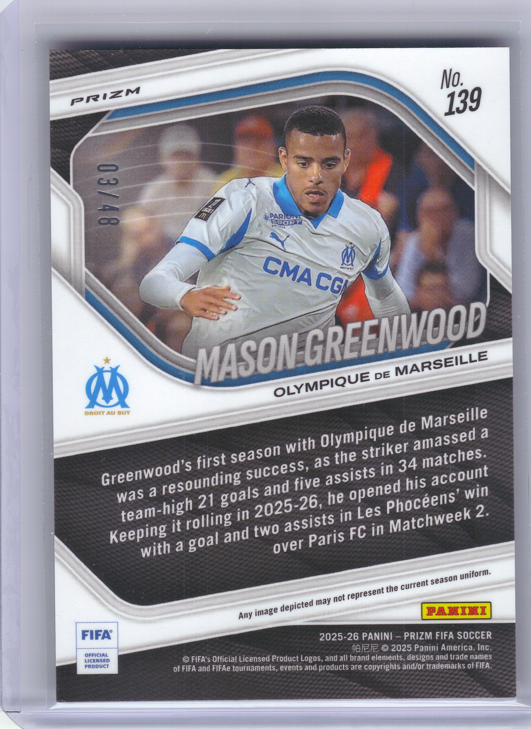 2025-26 Panini Prizm FIFA #139 Mason Greenwood Choice Snake Year Prizms #/48 Olympique de Marseille SN