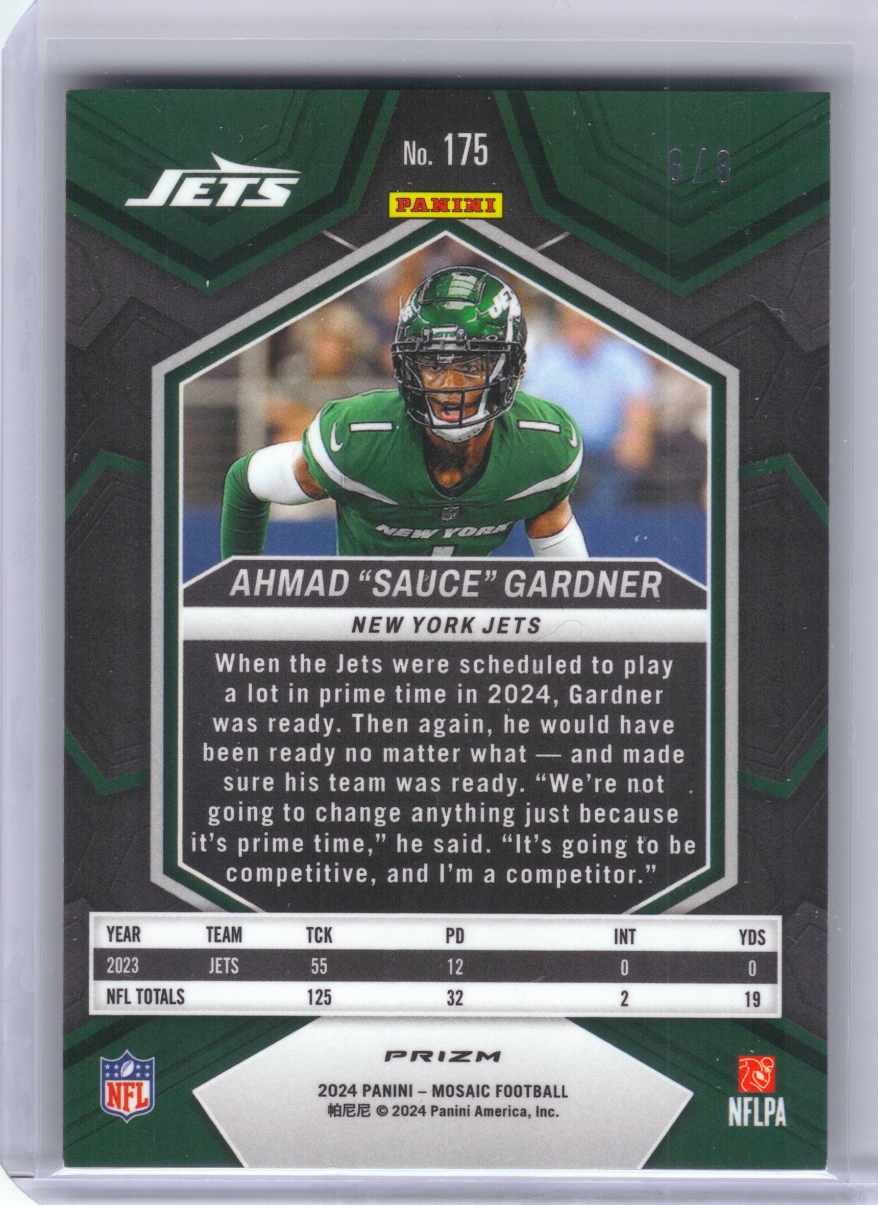 2024 Panini Mosaic #175 Ahmad "Sauce" Gardner Green Sparkle #/8 New York Jets SN