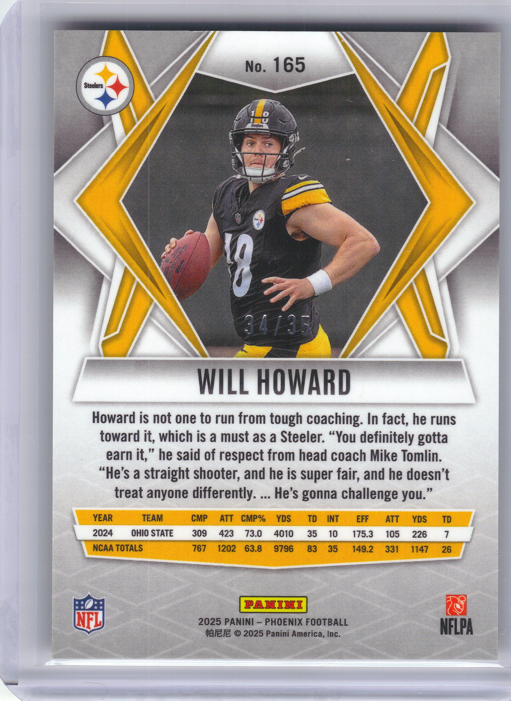 2025 Panini Phoenix #165 Will Howard Yellow Mojo Prizm #/35 Pittsburgh Steelers SN,RC