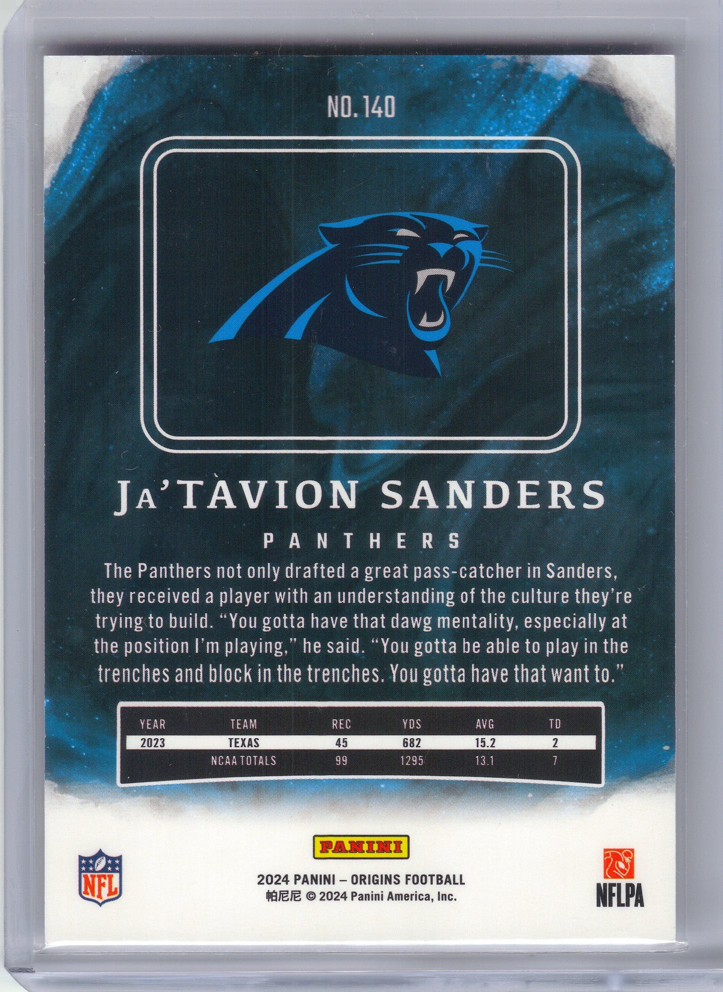 2024 Panini Origins #140 Ja'Tavion Sanders Carolina Panthers RC
