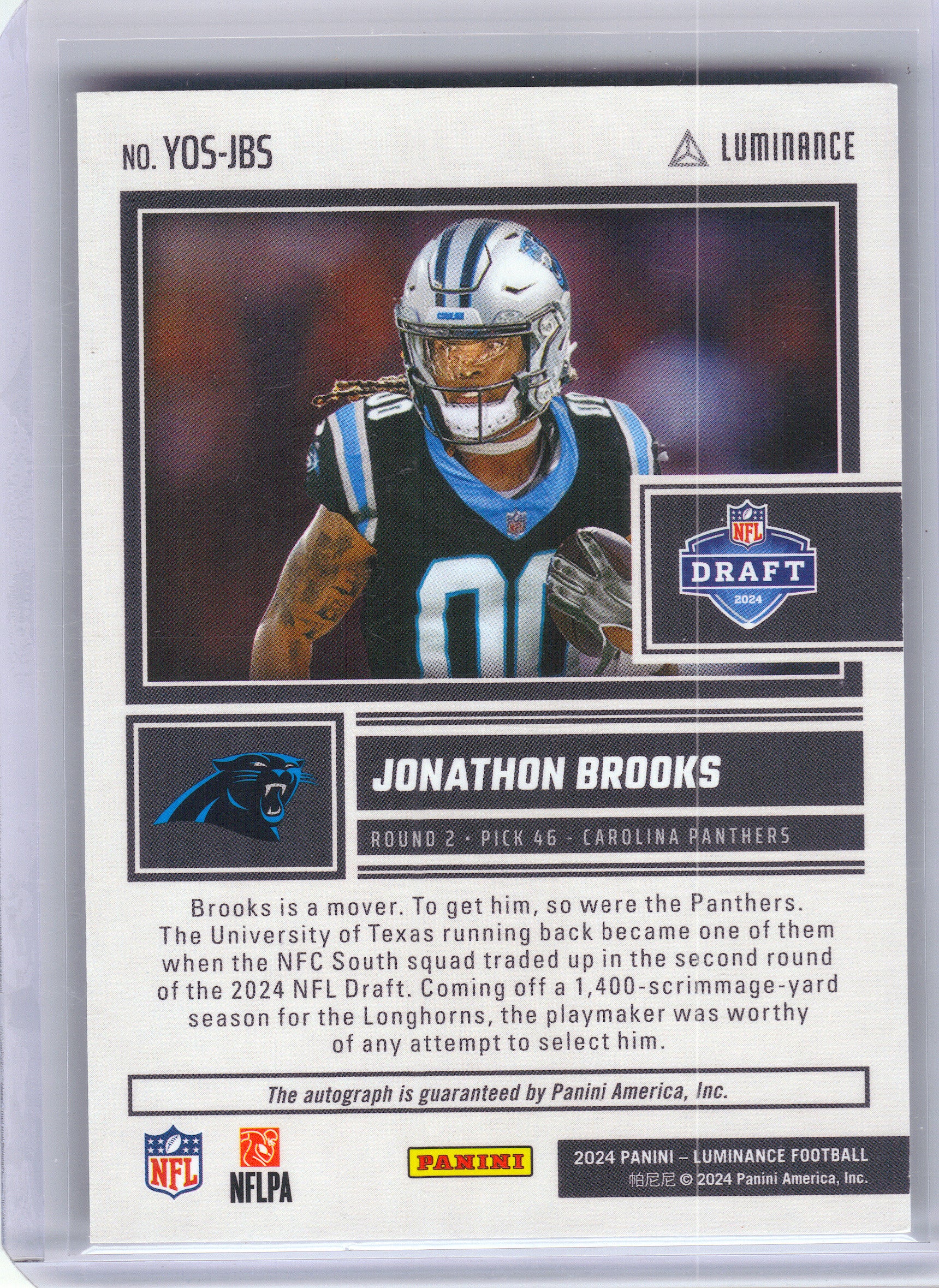 2024 Panini Luminance #YOS-JBS Jonathon Brooks Year One Signatures RPS Red Carolina Panthers AU