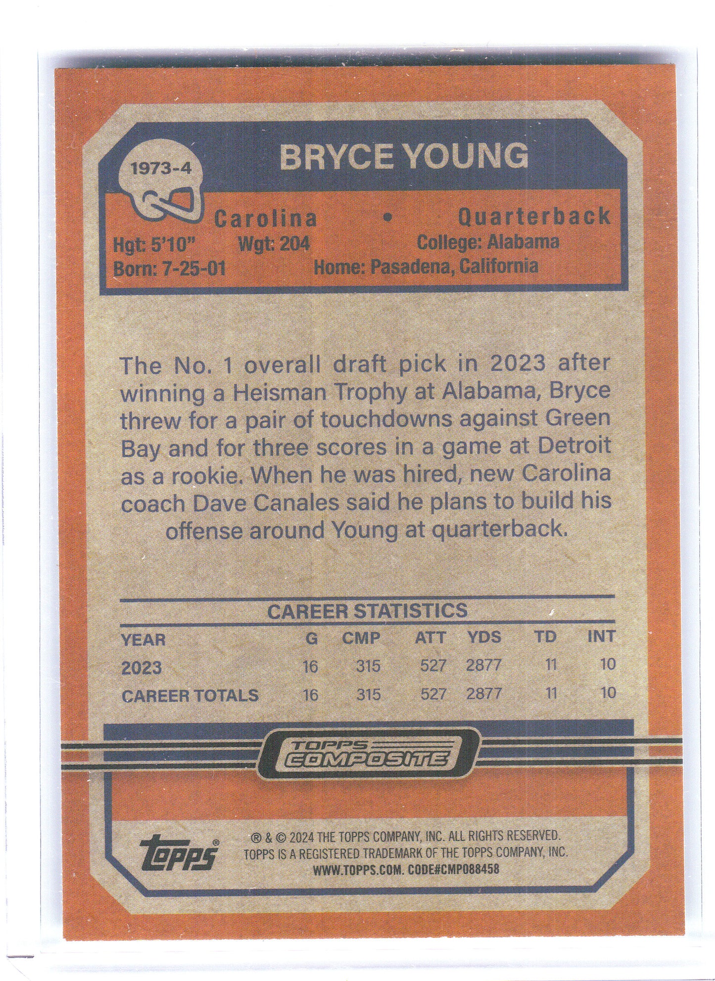 2023 Topps Composite #1973-4 Bryce Young 1973 Topps Football Green Refractor #/99 Carolina Panthers SN