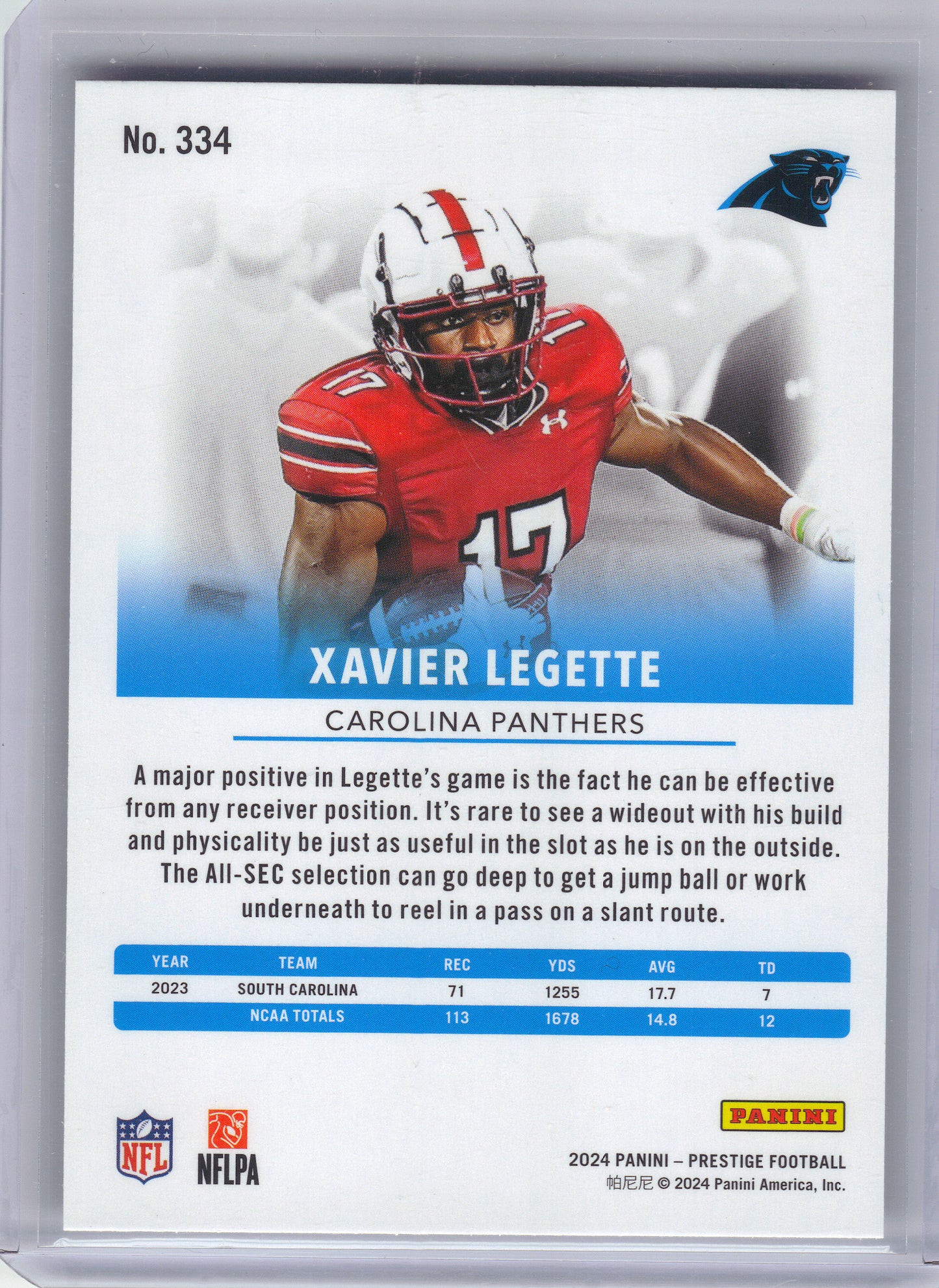 2024 Panini Prestige #334 Xavier Legette Carolina Panthers RC