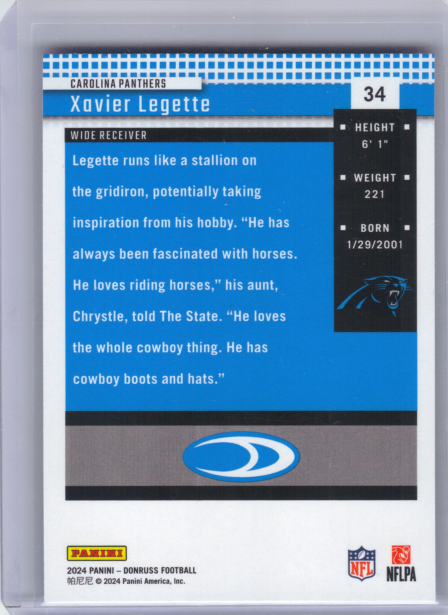 2024 Donruss #34 Xavier Legette Retro 2004 Carolina Panthers