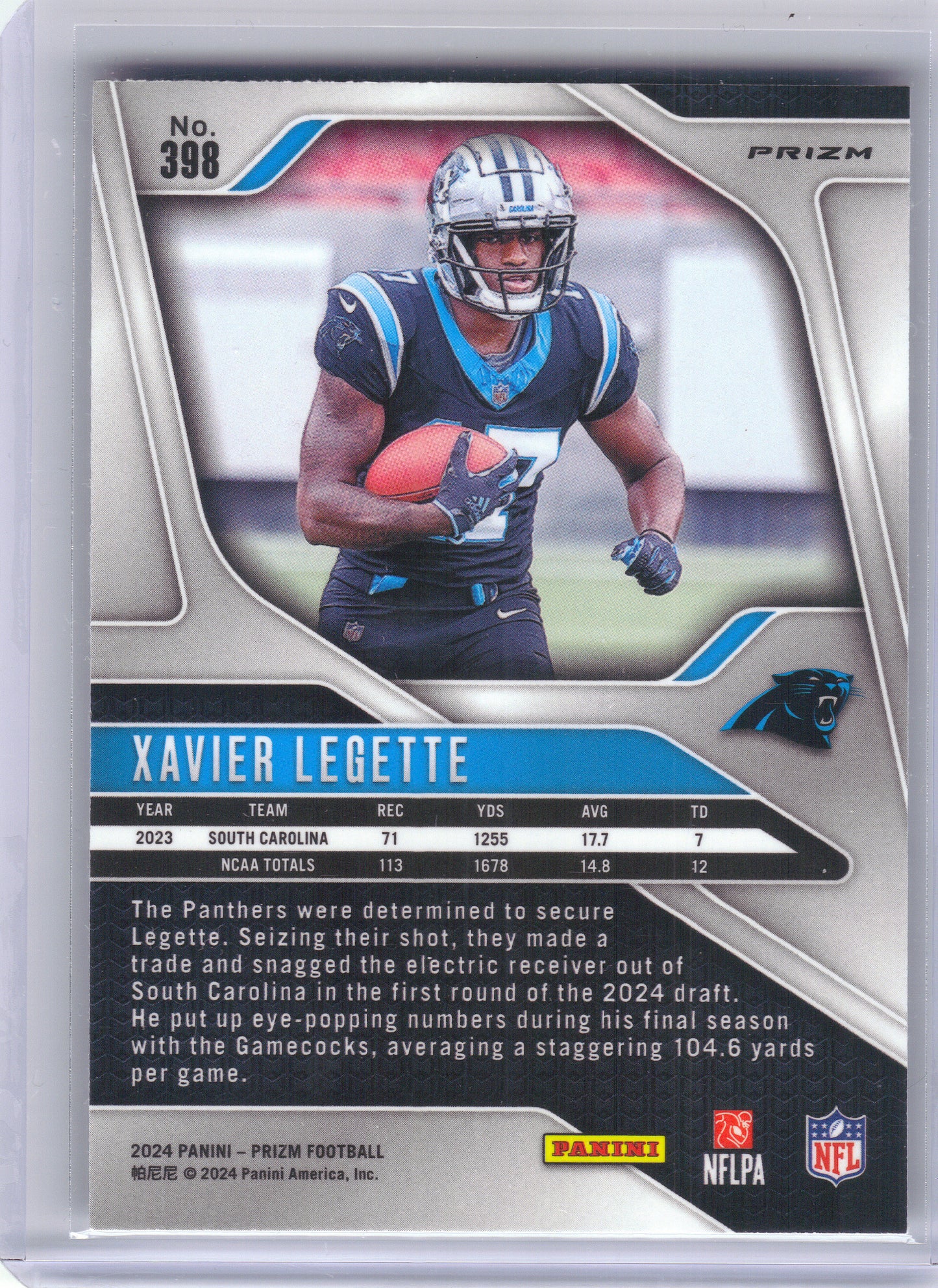 2024 Panini Prizm #398 Xavier Legette Black and White Checker Carolina Panthers RC