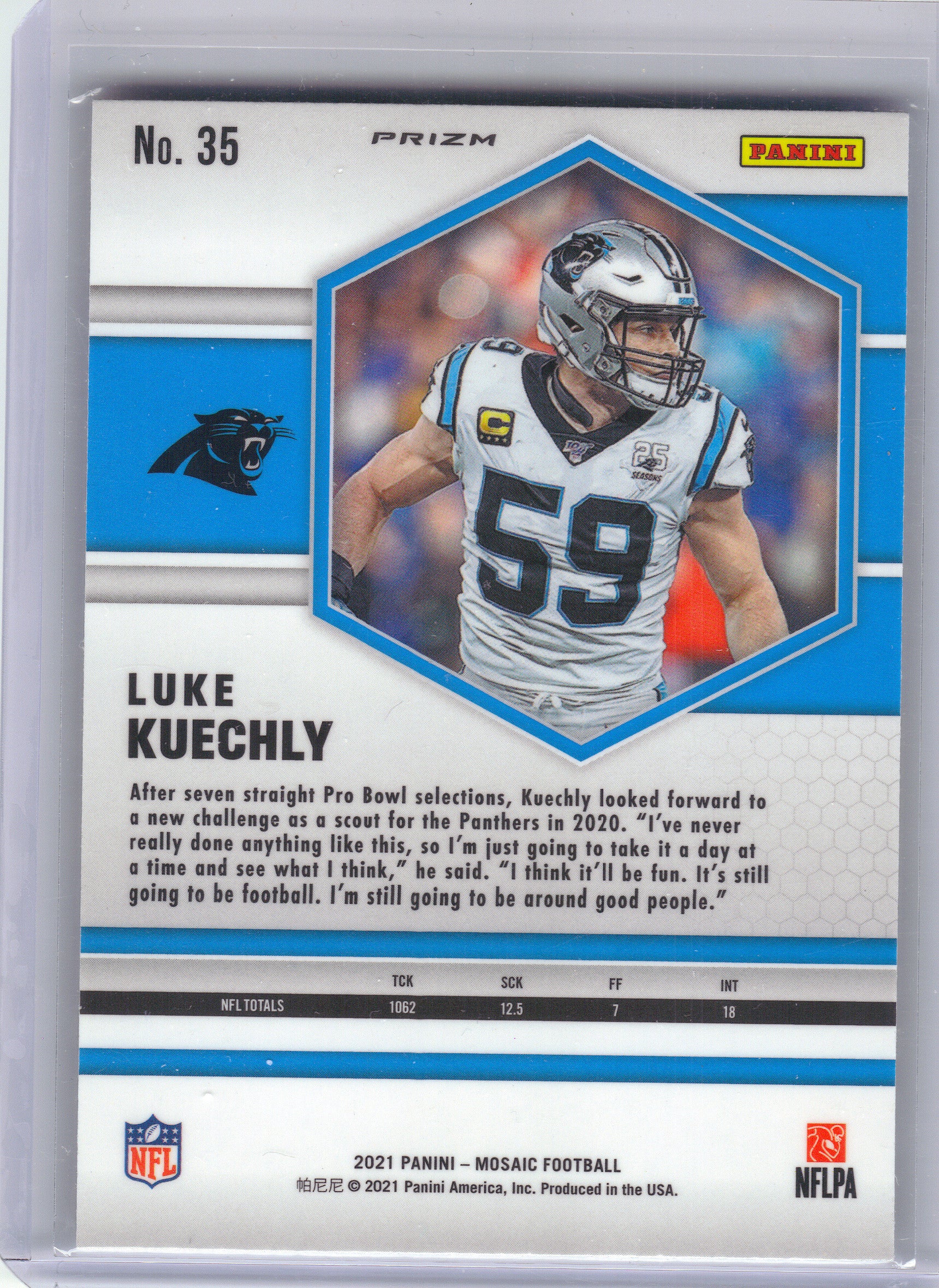 2021 Panini Mosaic #35 Luke Kuechly Prizm Reactive Yellow Carolina Panthers