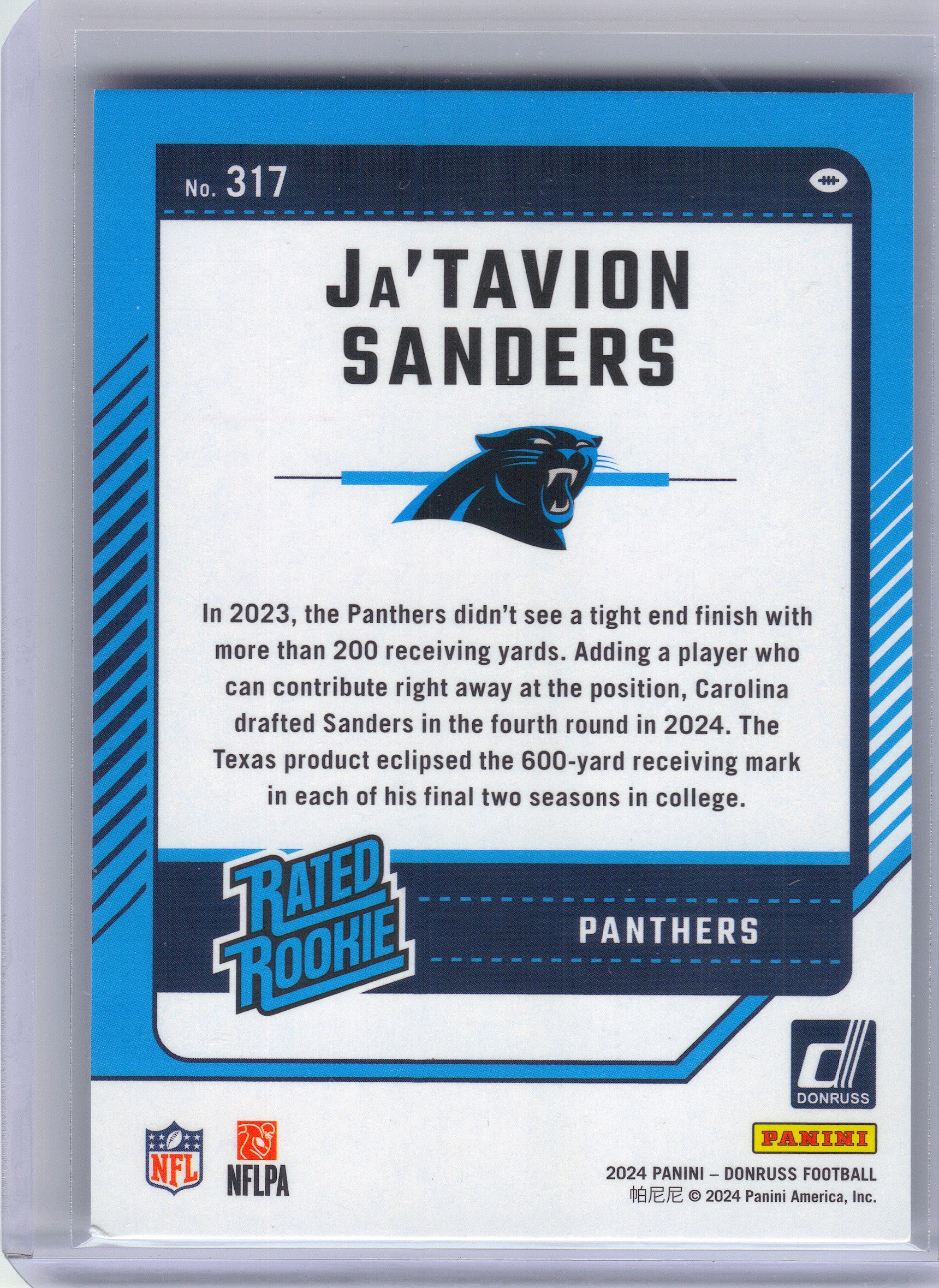 2024 Donruss #317 Ja'Tavion Sanders Carolina Panthers RC