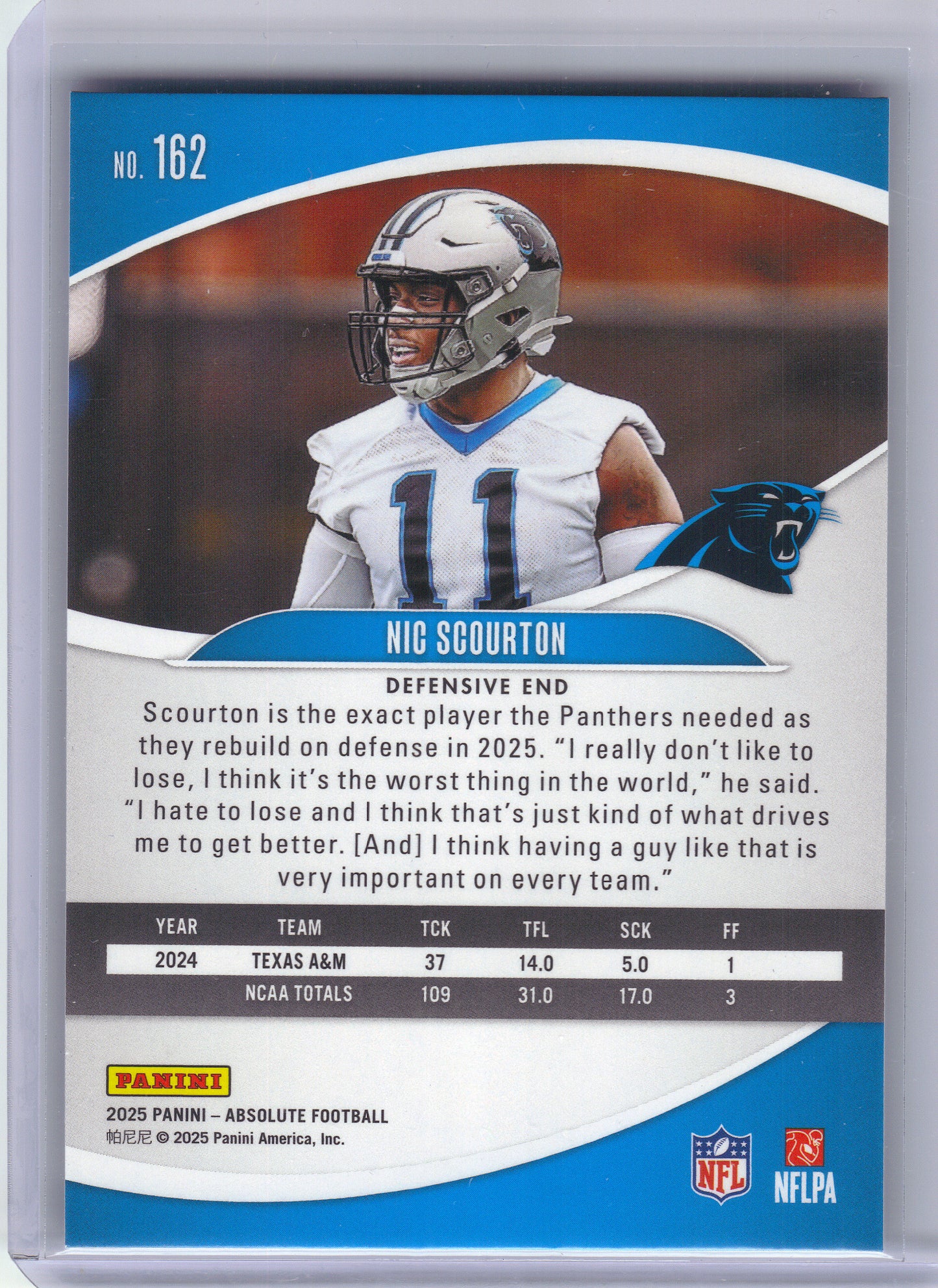 2025 Panini Absolute #162 Nic Scourton Retail Carolina Panthers RC