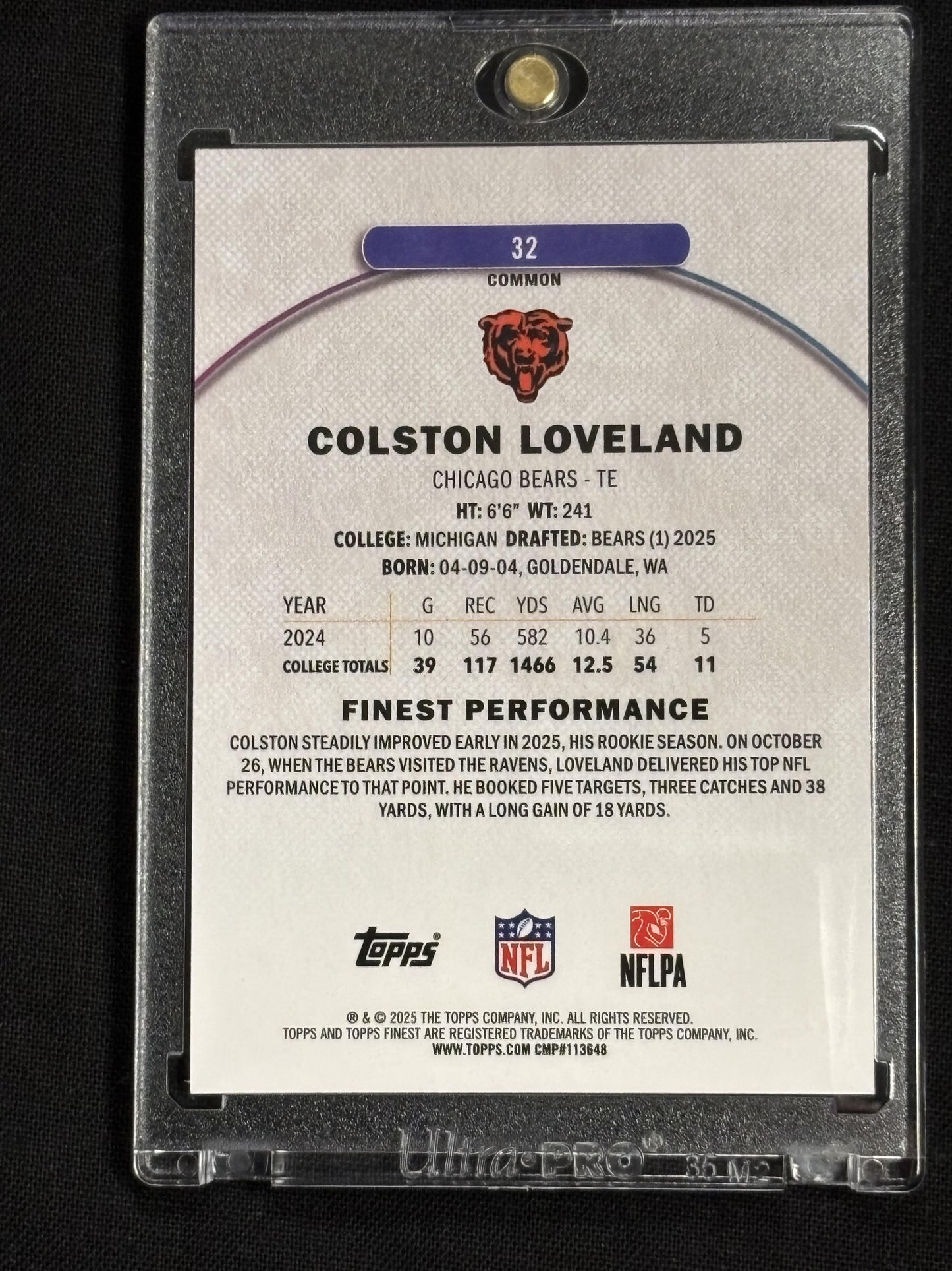 2025 Finest #32 Colston Loveland Orange Geometric Refractor #/25 Chicago Bears SN,RC