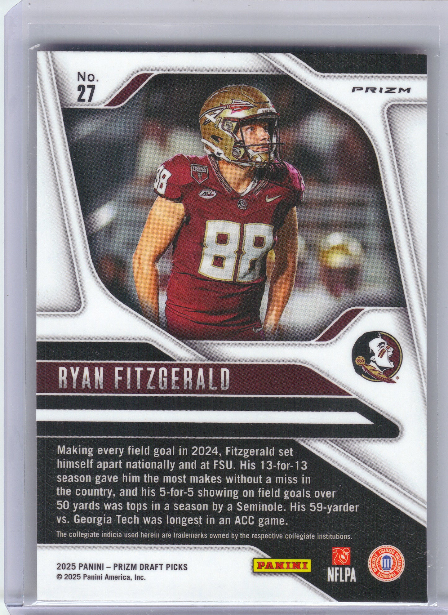 2025 Panini Prizm Draft Picks #27 Ryan Fitzgerald Prizms Gold Ice Florida State Seminoles