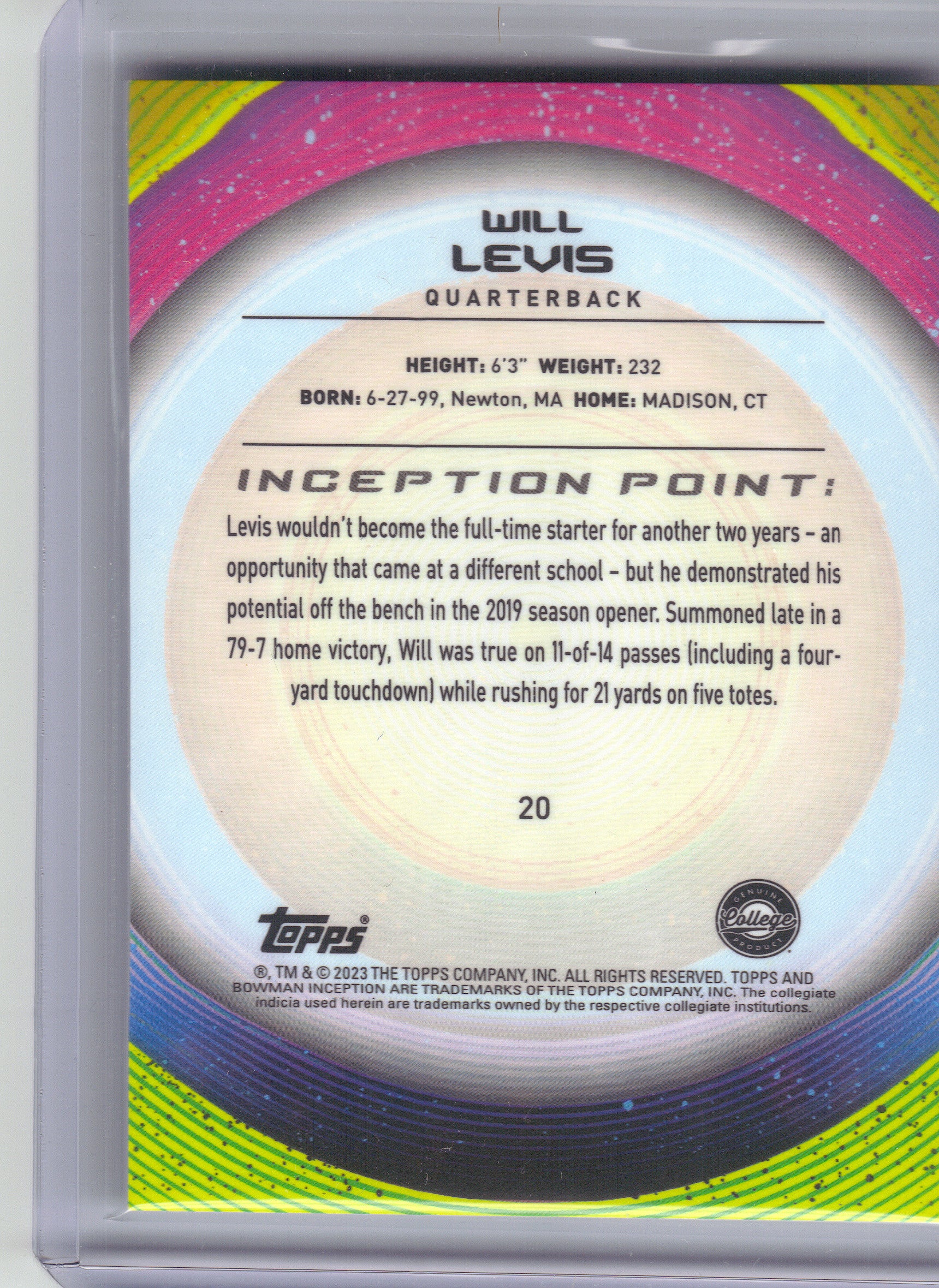 2022-23 Bowman University Inception #20 Will Levis Green Foil #/299 Kentucky Wildcats SN
