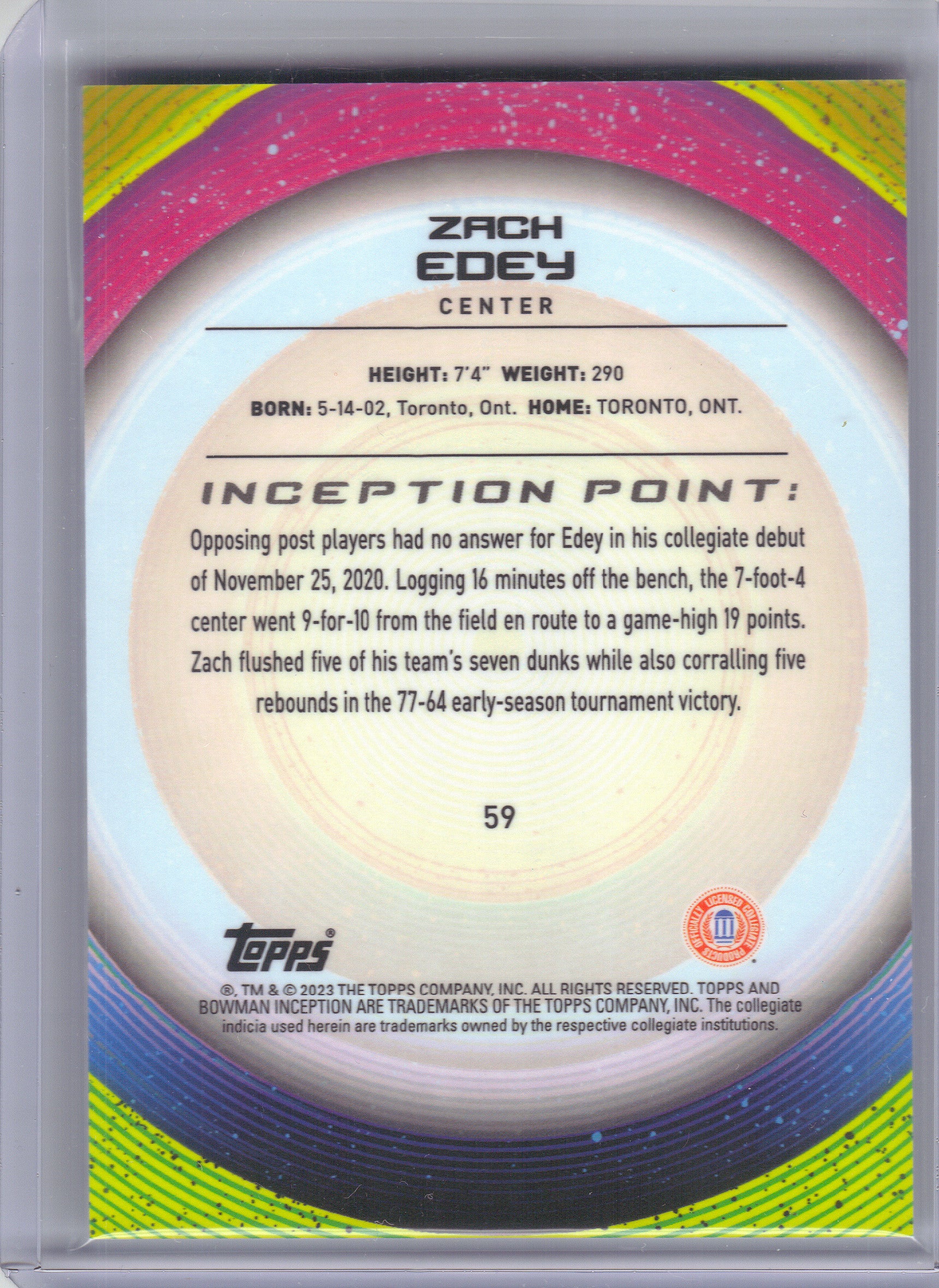 2022-23 Bowman University Inception #59 Zach Edey Purdue Boilermakers