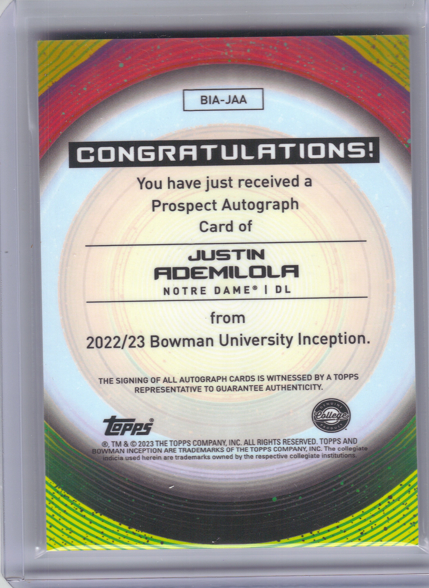 2022-23 Bowman University Inception #BIA-JAA Justin Ademilola Base Autographs Notre Dame Fighting Irish AU