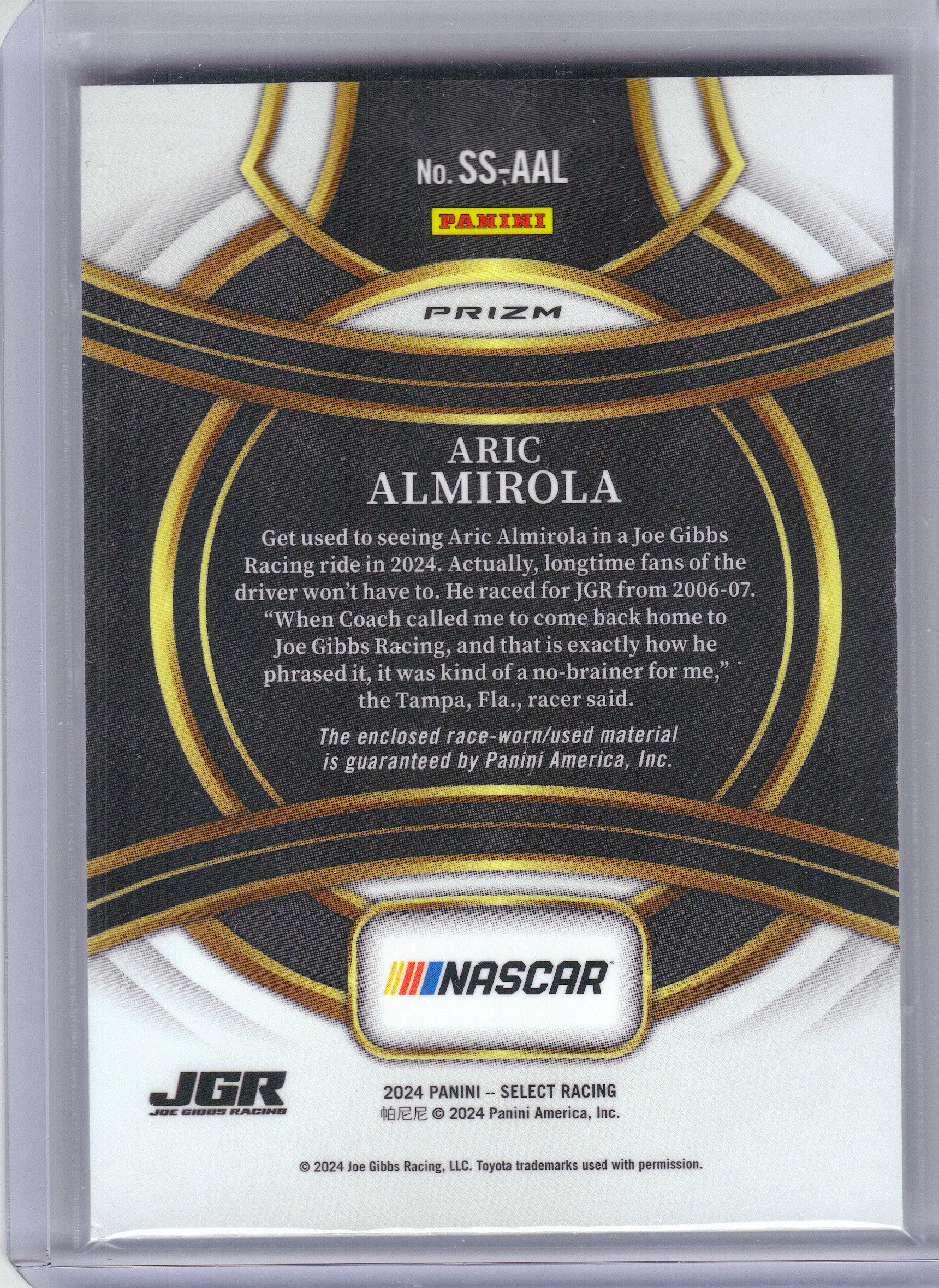 2024 Panini Select #SS-AAL Aric Almirola Selective Swatches Joe Gibbs Racing MEM