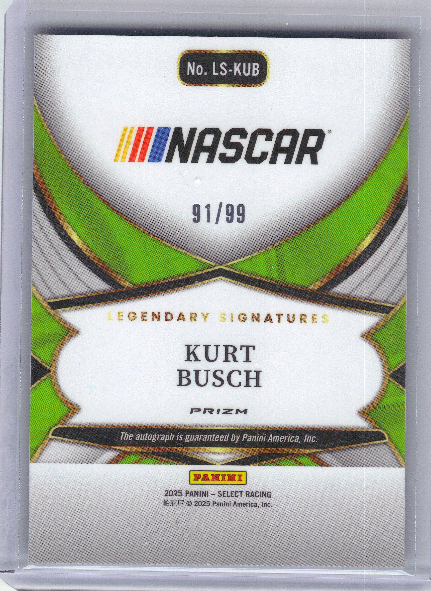 2025 Panini Select #LS-KUB Kurt Busch Legendary Signatures Blue Prizms #/99 Roush Racing SN,AU