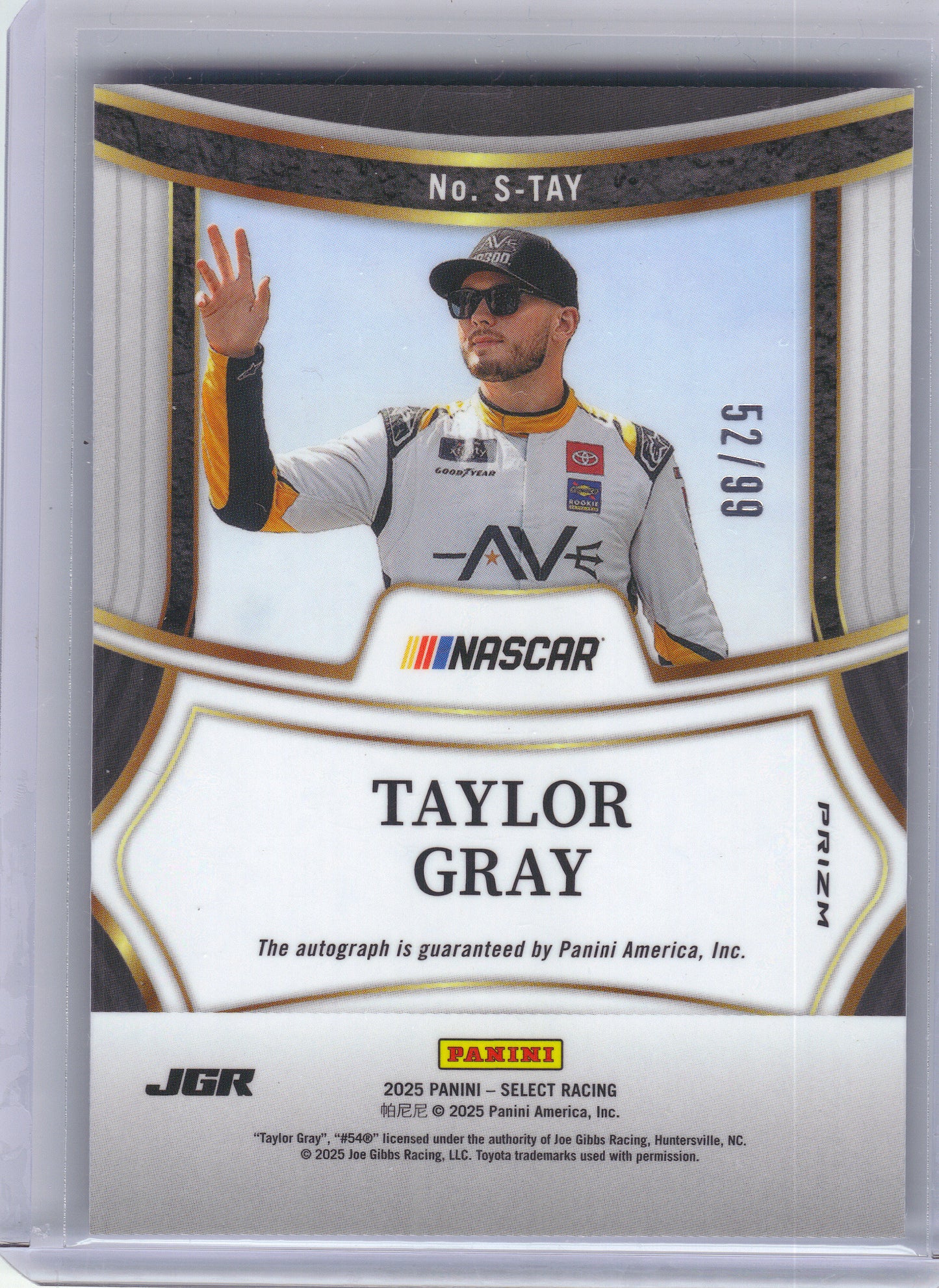 2025 Panini Select #S-TAY Taylor Gray Signatures Blue Prizms #/99 Joe Gibbs Racing SN,AU