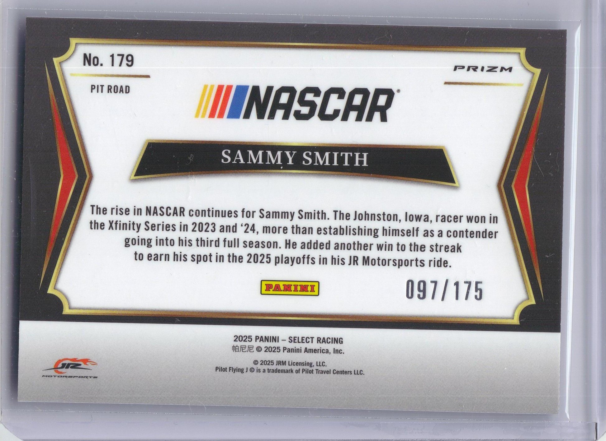 2025 Panini Select #179 Sammy Smith Blue Prizms #/175 JR Motorsports SN