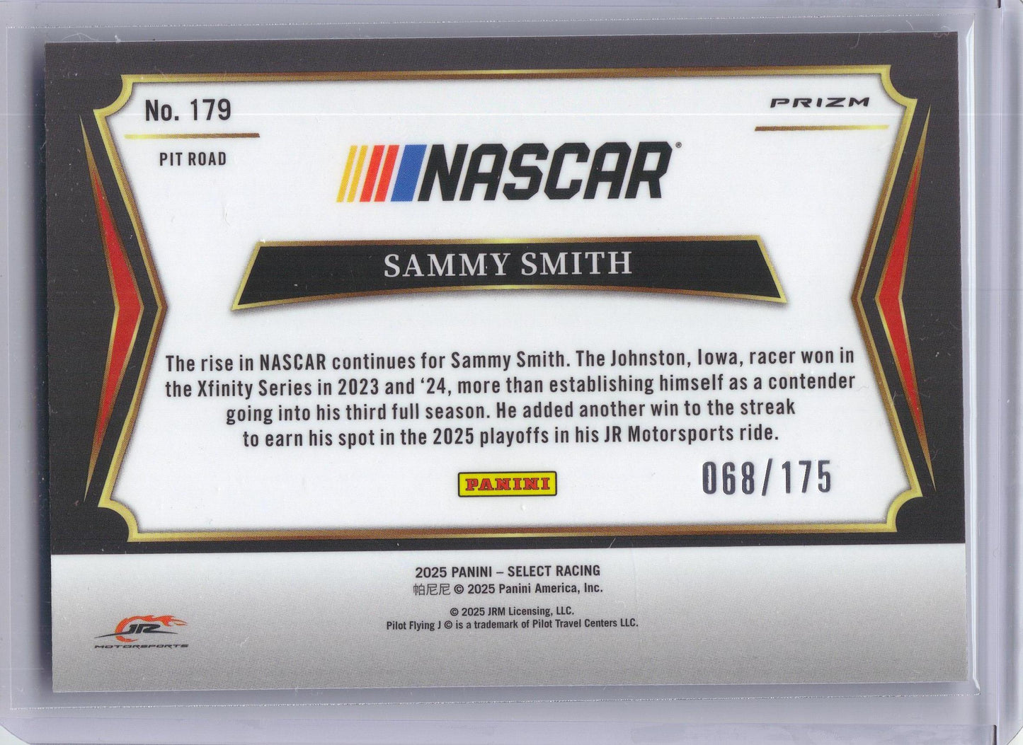 2025 Panini Select #179 Sammy Smith Blue Prizms x JR Motorsports SN