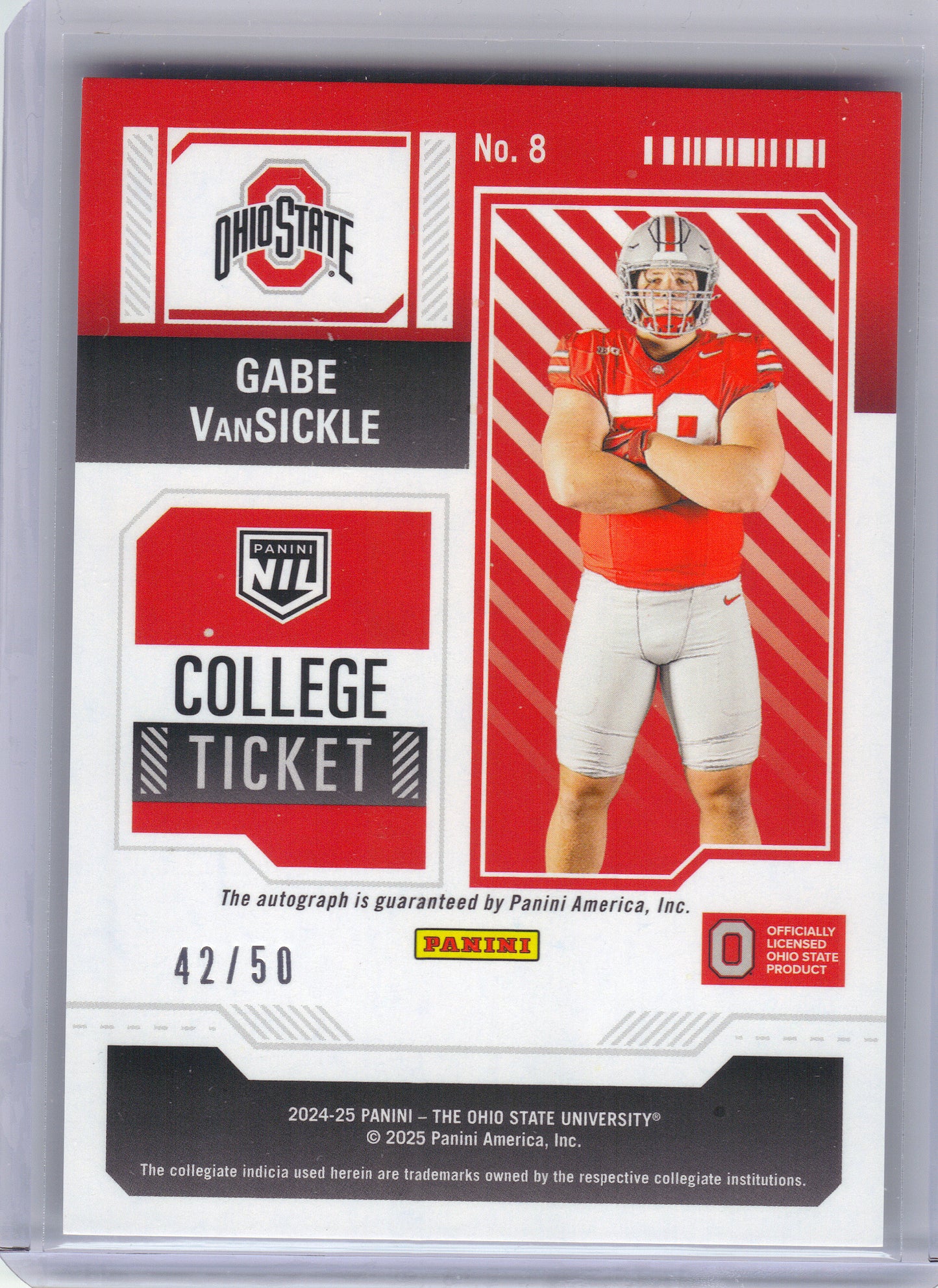 2025 Panini Ohio State University #8 Gabe VanSickle Autographs Purple #/50 Ohio State Buckeyes SN,AU