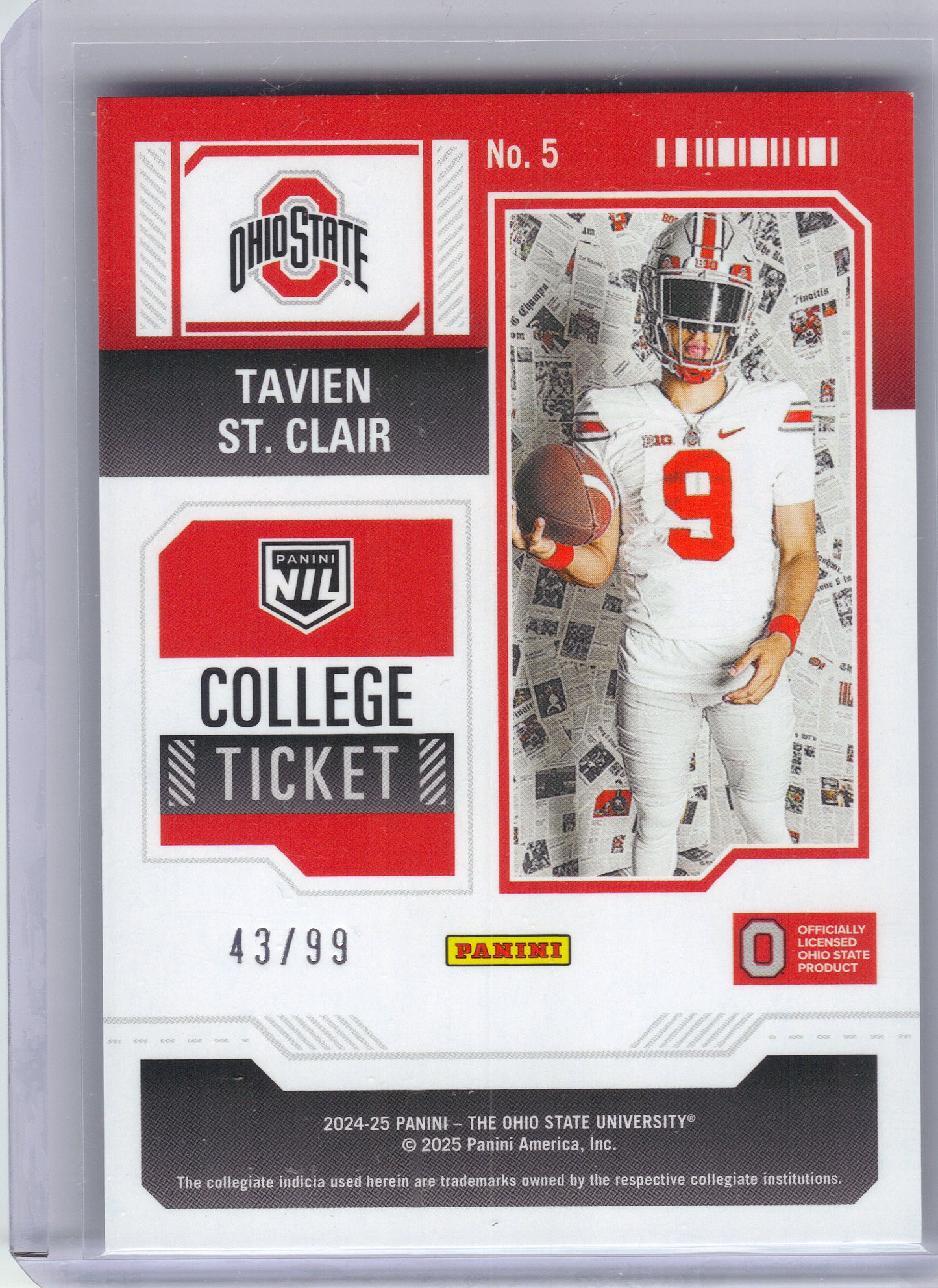 2025 Panini Ohio State University #5 Tavien St. Clair Lightning Spokes #/99 Ohio State Buckeyes SN