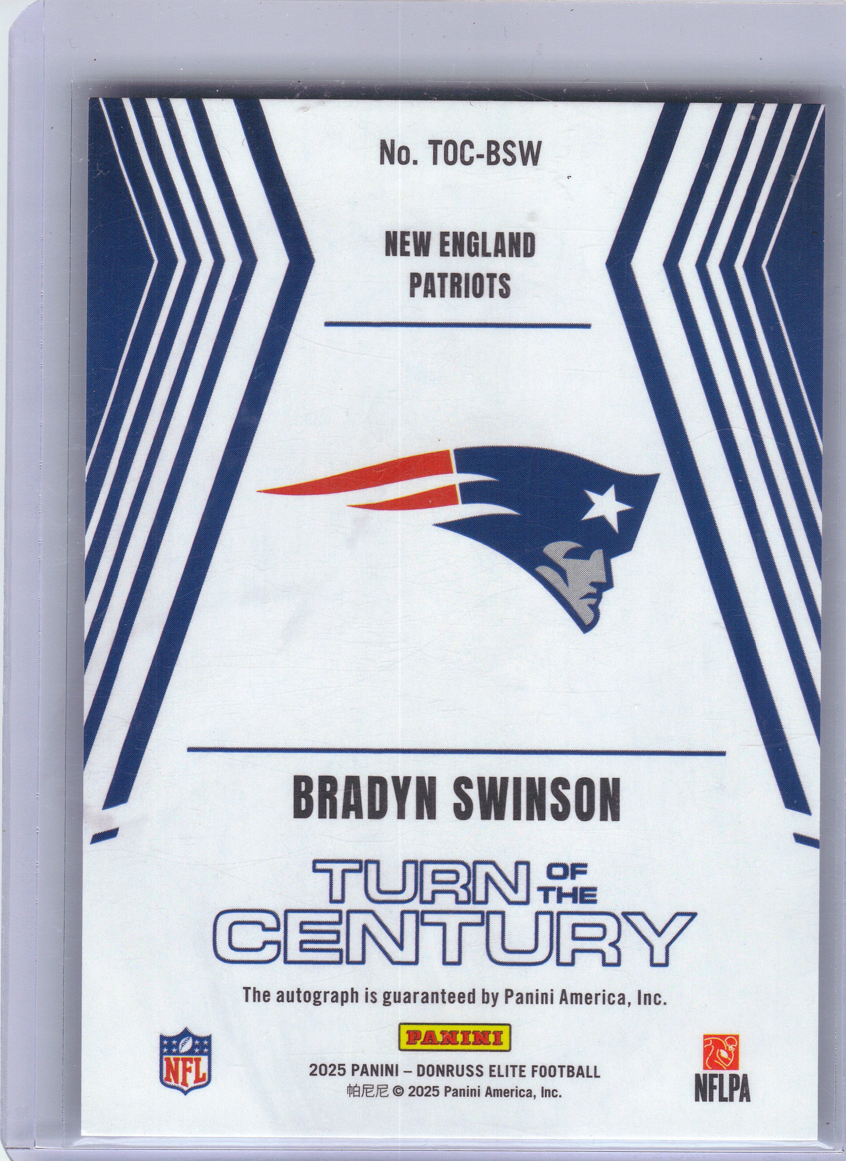 2025 Donruss Elite #TOC-BSW Bradyn Swinson Turn of the Century Autographs #/499 New England Patriots SN, AU