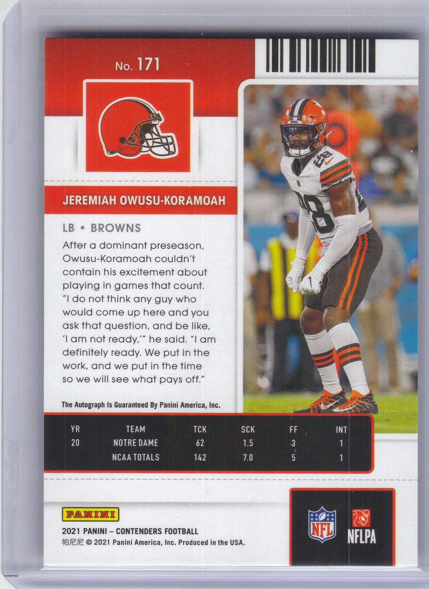 2021 Panini Contenders #171 Jeremiah Owusu-Koramoah Cleveland Browns RC,AU
