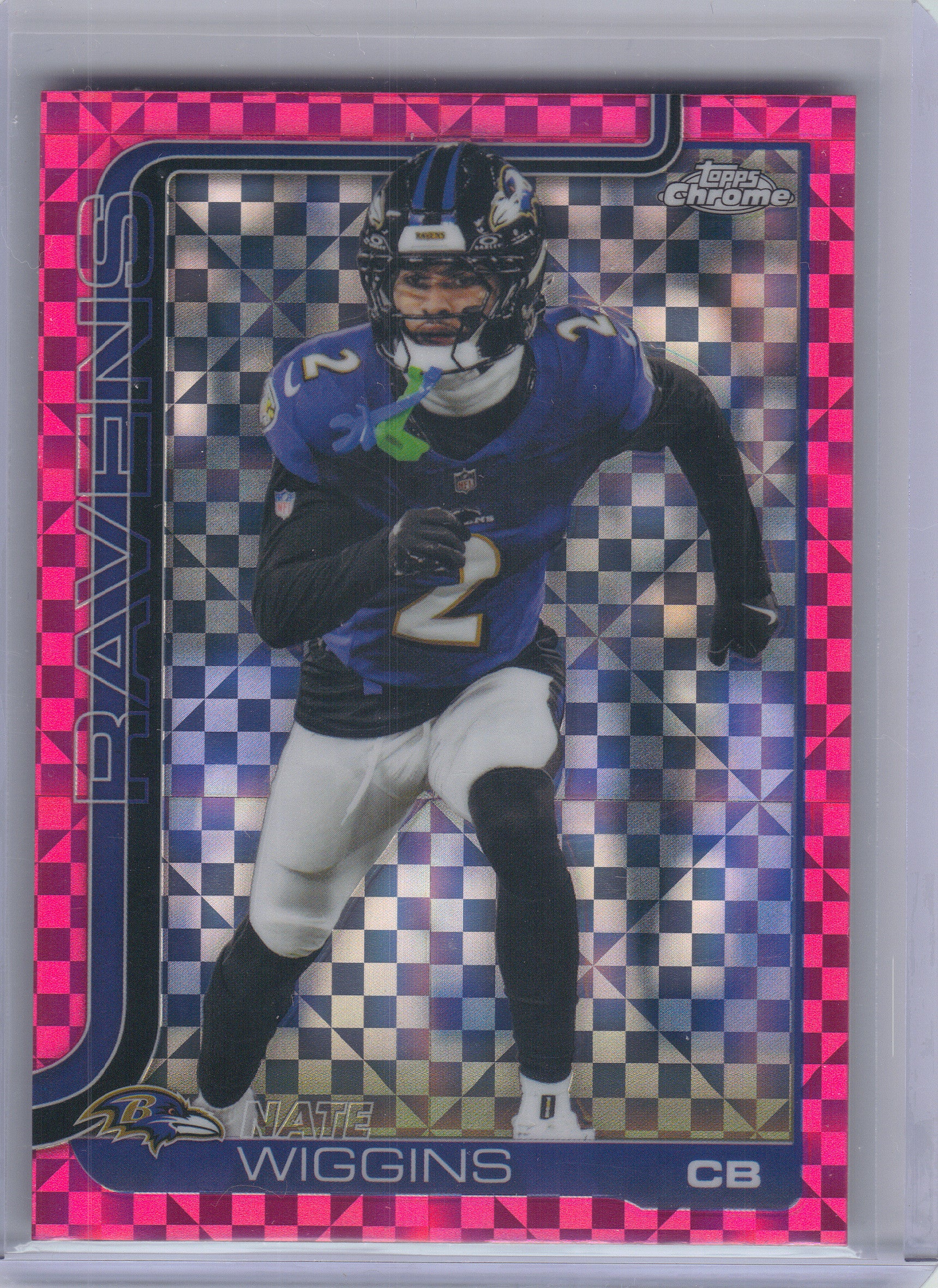 2025 Topps Chrome #28 Nate Wiggins Hot Pink X-Fractor Baltimore Ravens