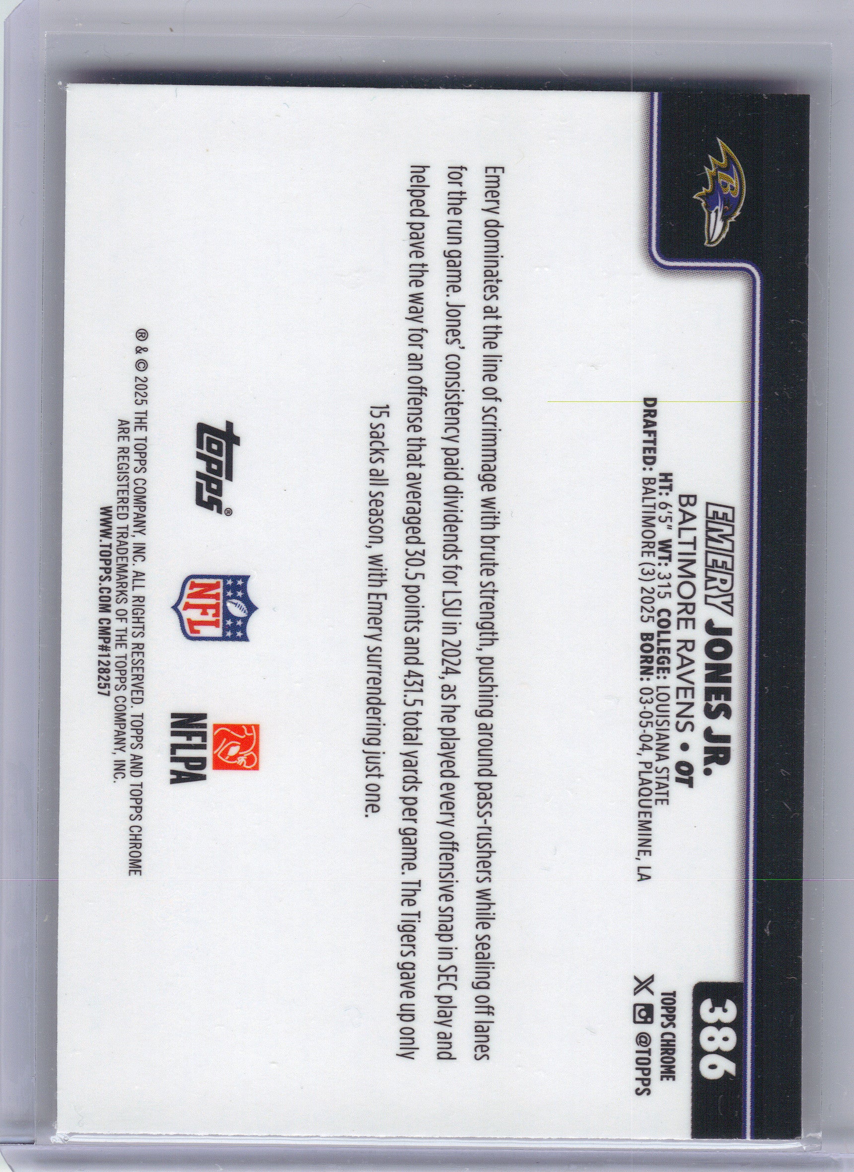 2025 Topps Chrome #386 Emery Jones Jr. Football Leather Refractor Baltimore Ravens RC