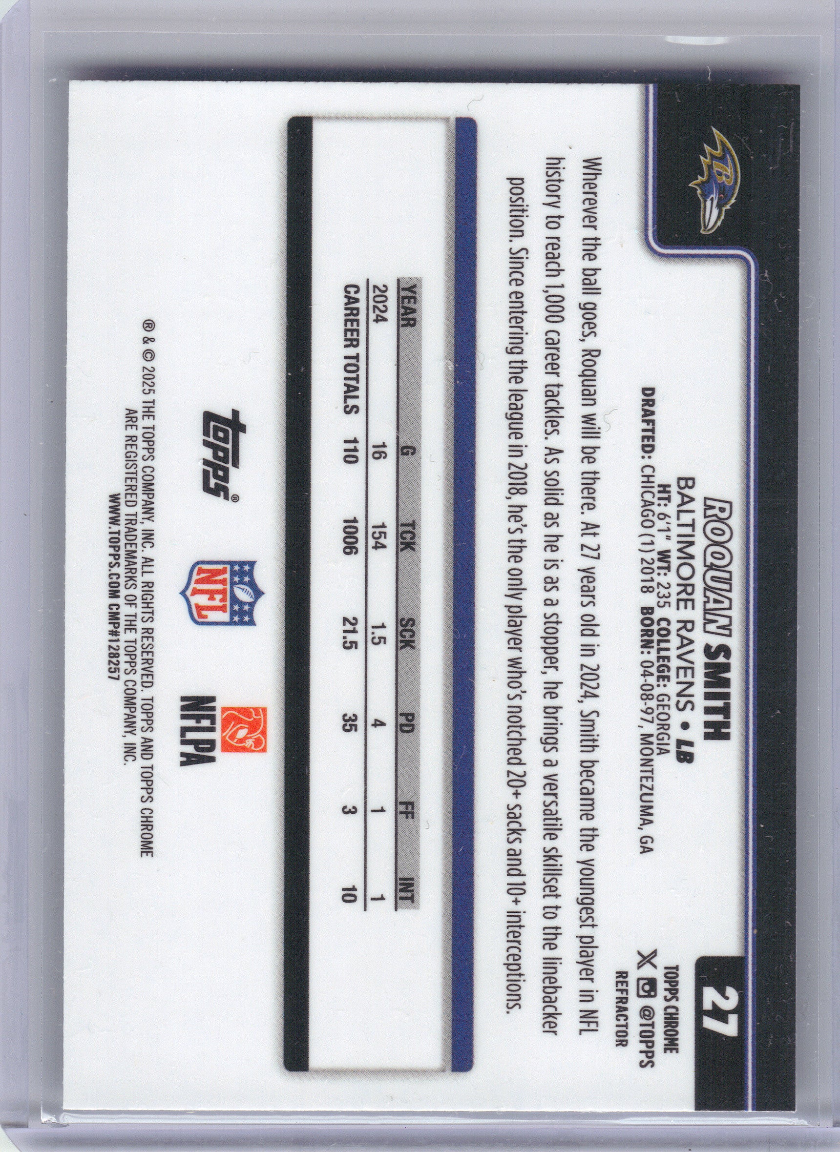 2025 Topps Chrome #27 Roquan Smith Refractor Baltimore Ravens