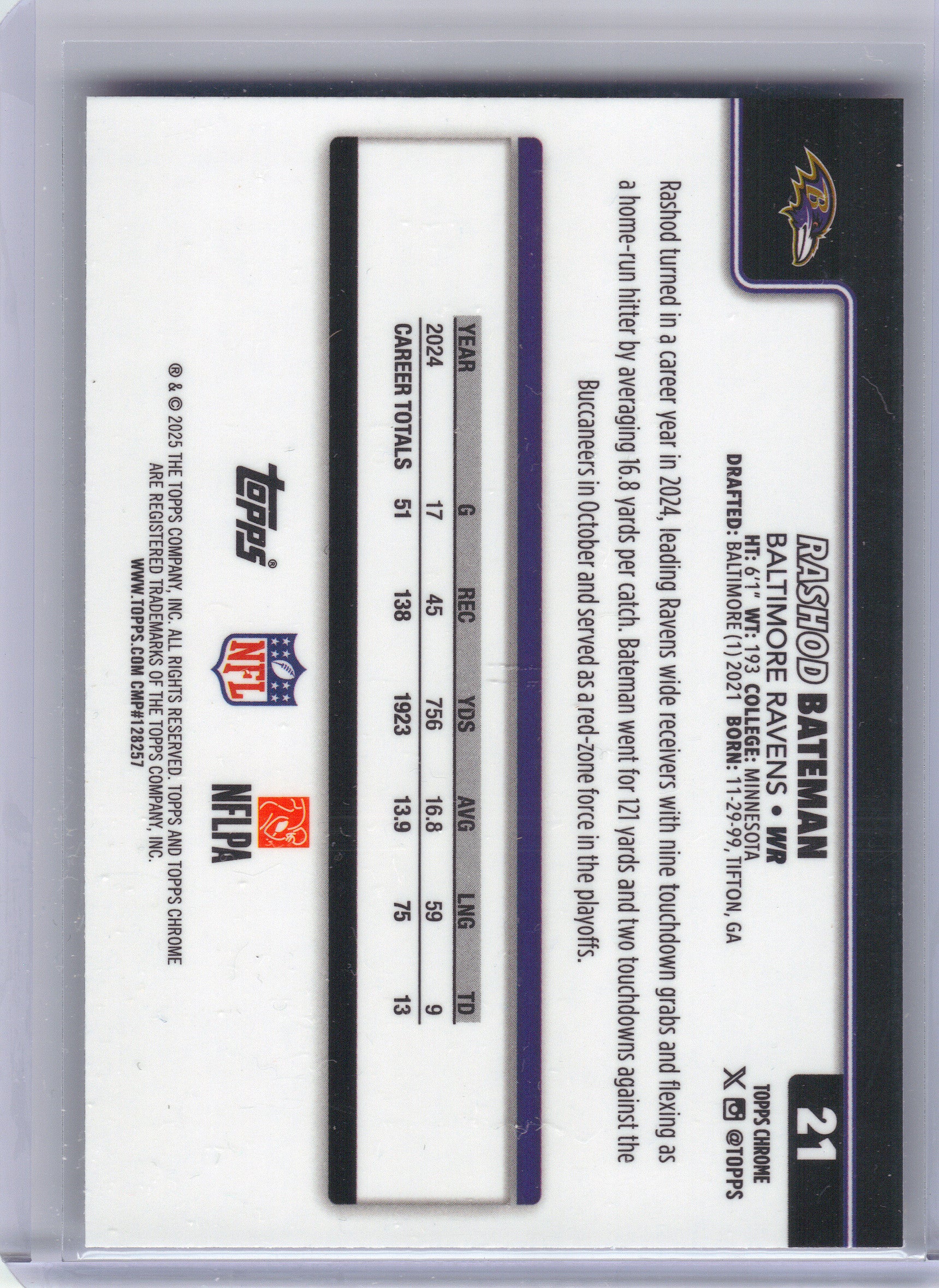 2025 Topps Chrome #21 Rashod Bateman Pulsar Refractor Baltimore Ravens