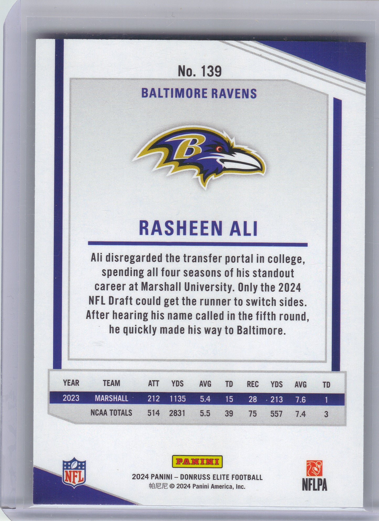 2024 Donruss Elite #139 Rasheen Ali #/999 Baltimore Ravens SN,RC