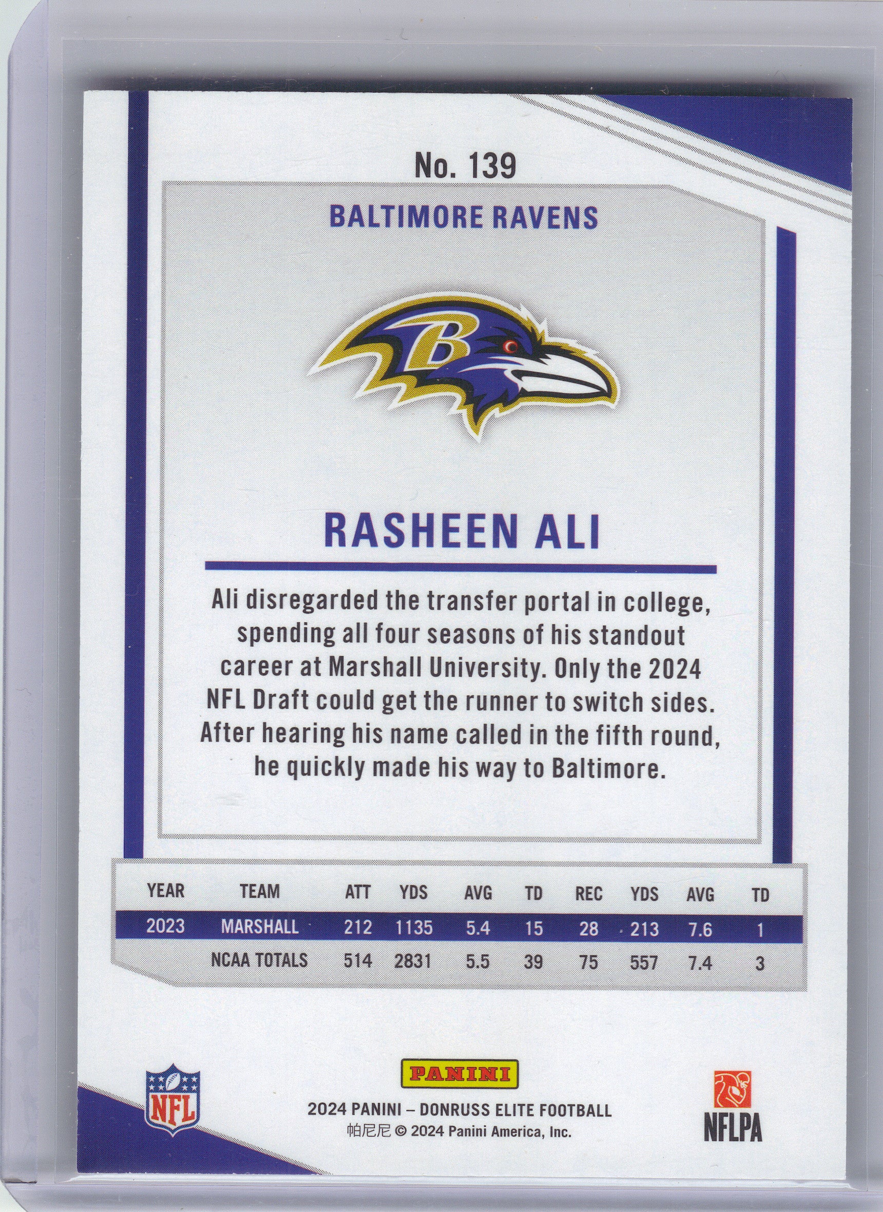 2024 Donruss Elite #139 Rasheen Ali #/999 Baltimore Ravens SN,RC