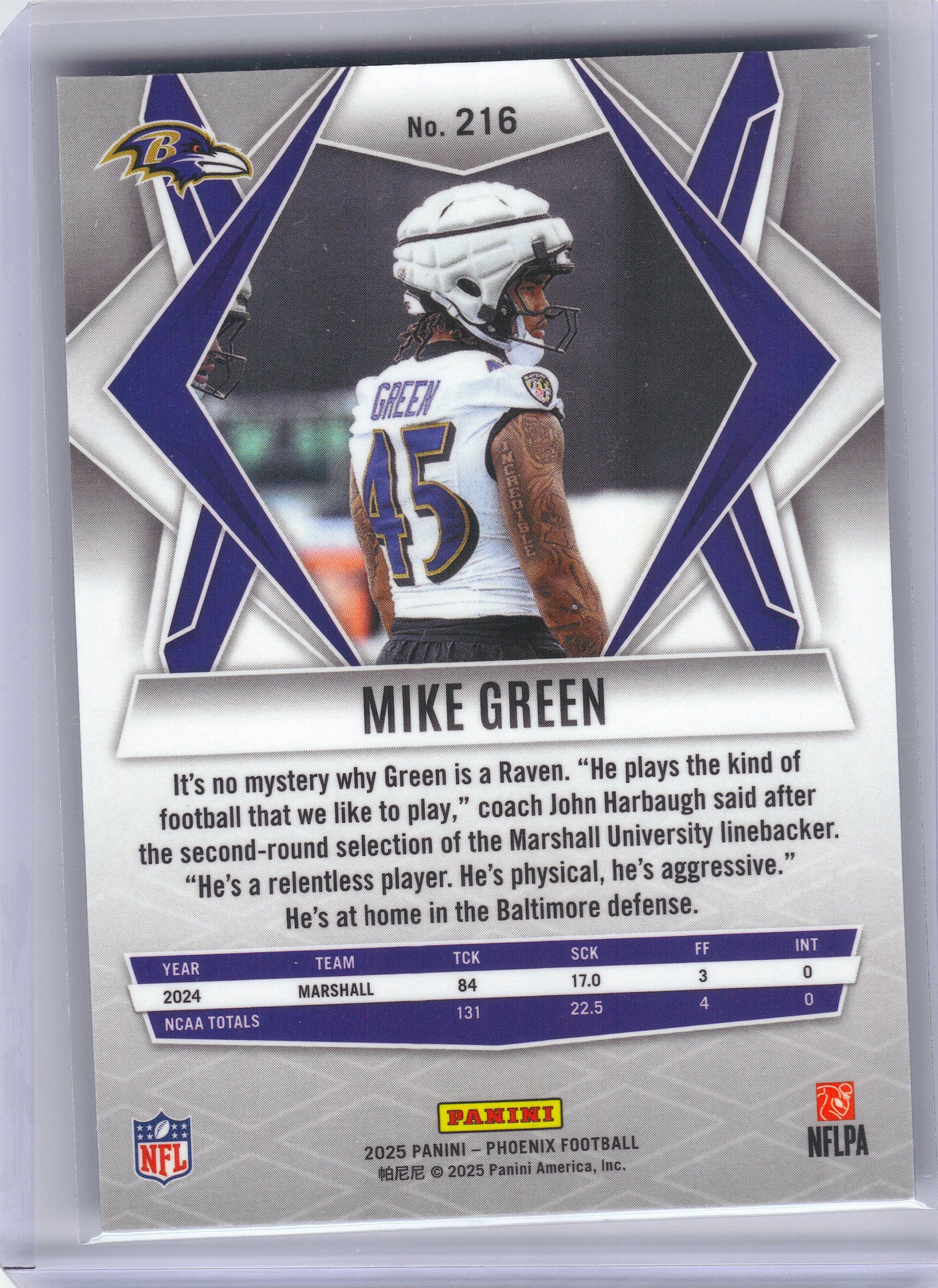 2025 Panini Phoenix #216 Mike Green x Baltimore Ravens RC