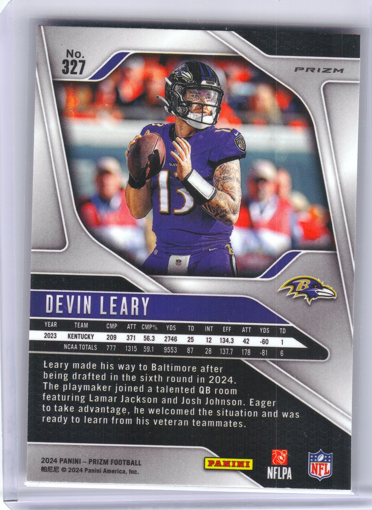 2024 Panini Prizm #327 Devin Leary Orange Ice Baltimore Ravens RC