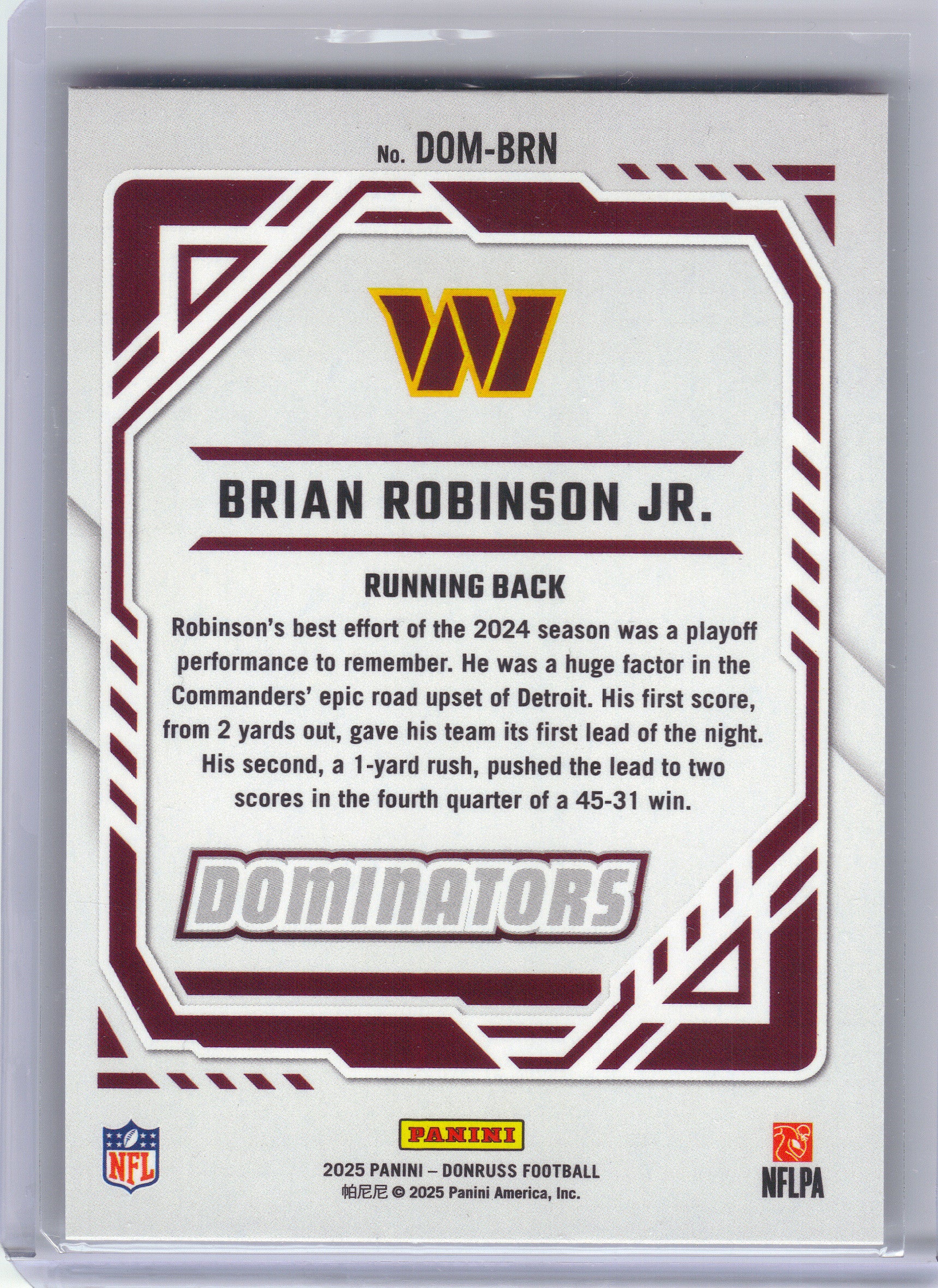 2025 Donruss #DOM-BRN Brian Robinson Jr. Dominators Washington Commanders