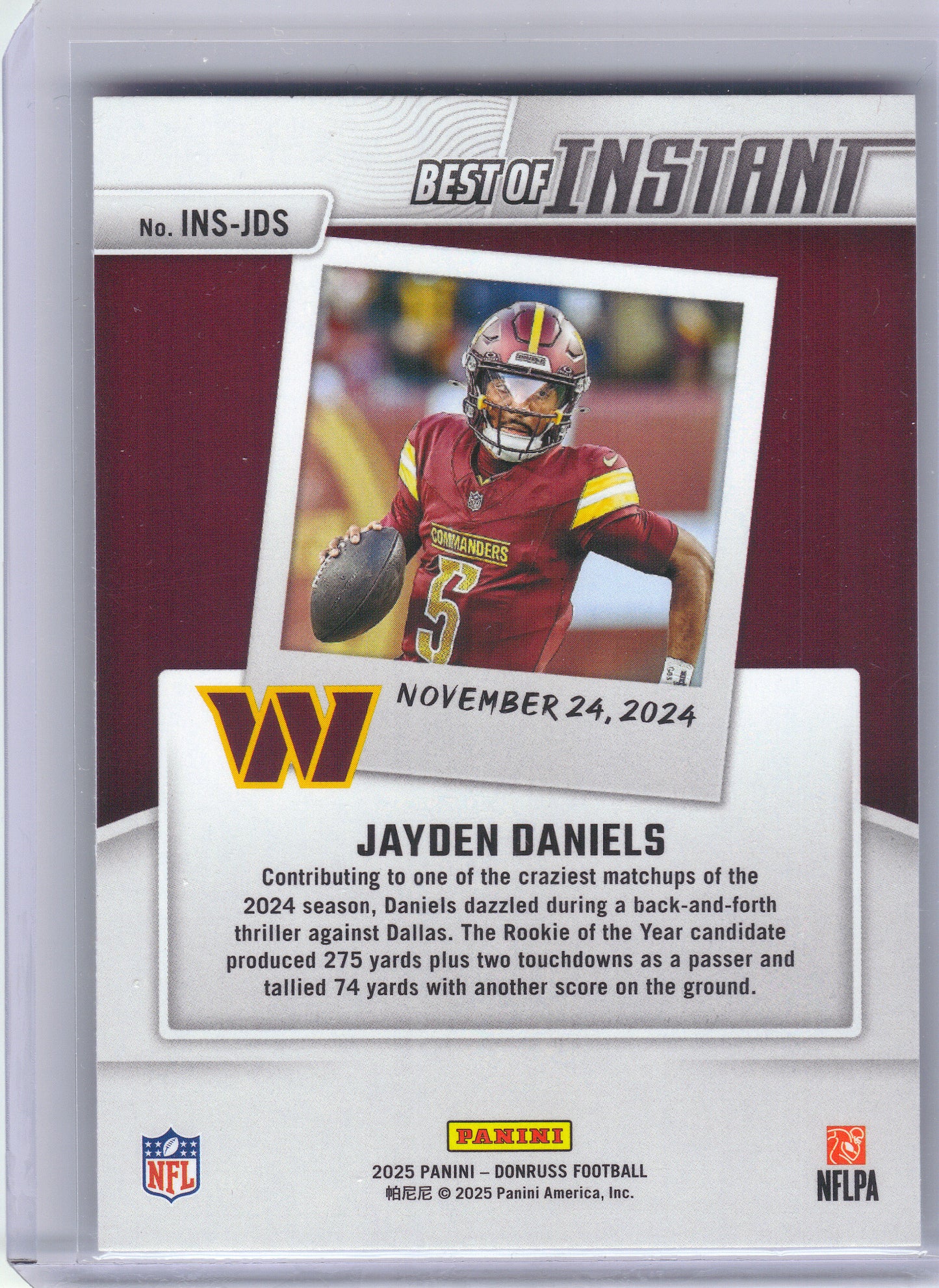 2025 Donruss #INS-JDS Jayden Daniels Best of Instant Washington Commanders