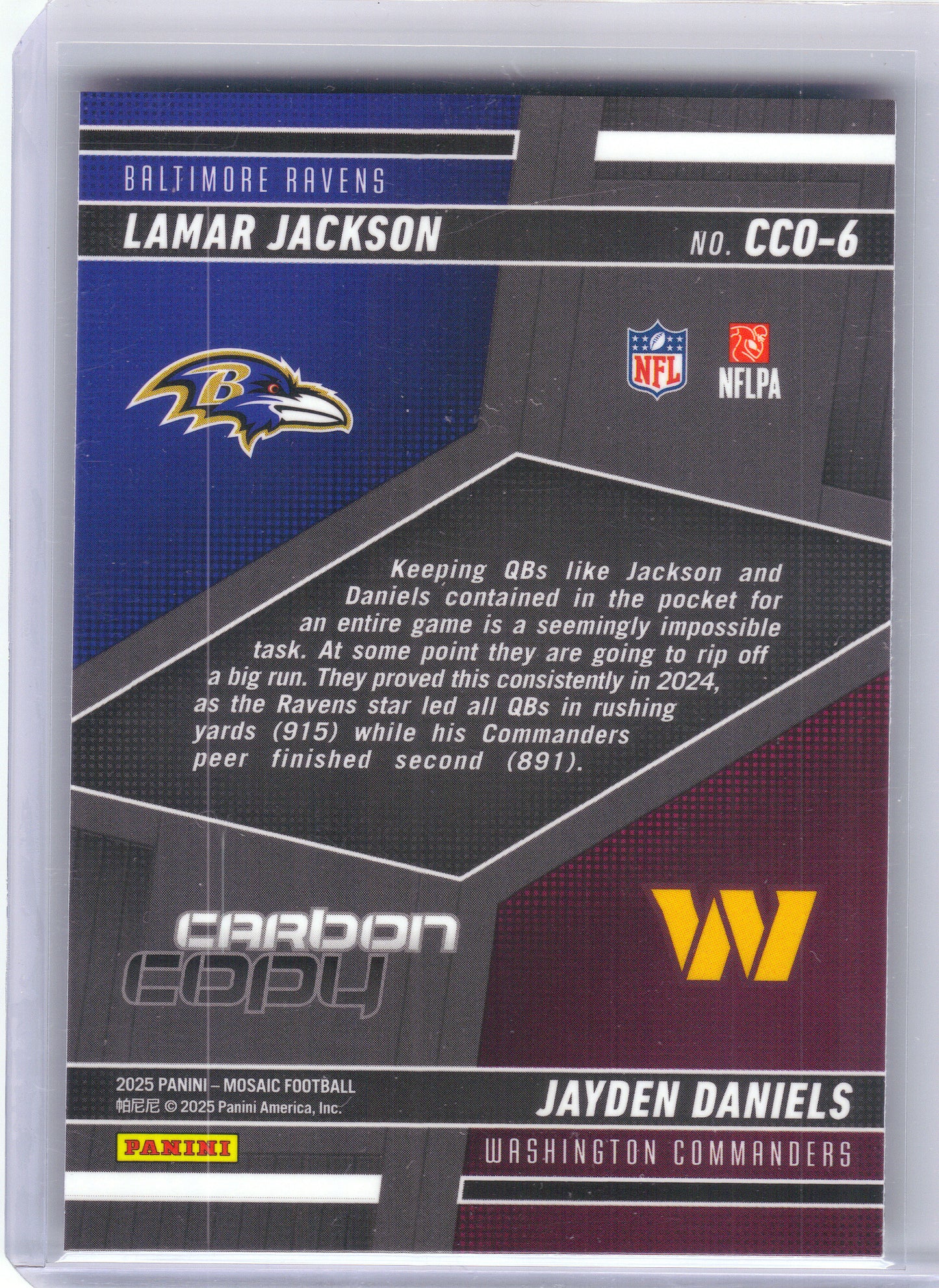 2025 Panini Mosaic #CCO-6 Jayden Daniels / Lamar Jackson Carbon Copy Washington Commanders