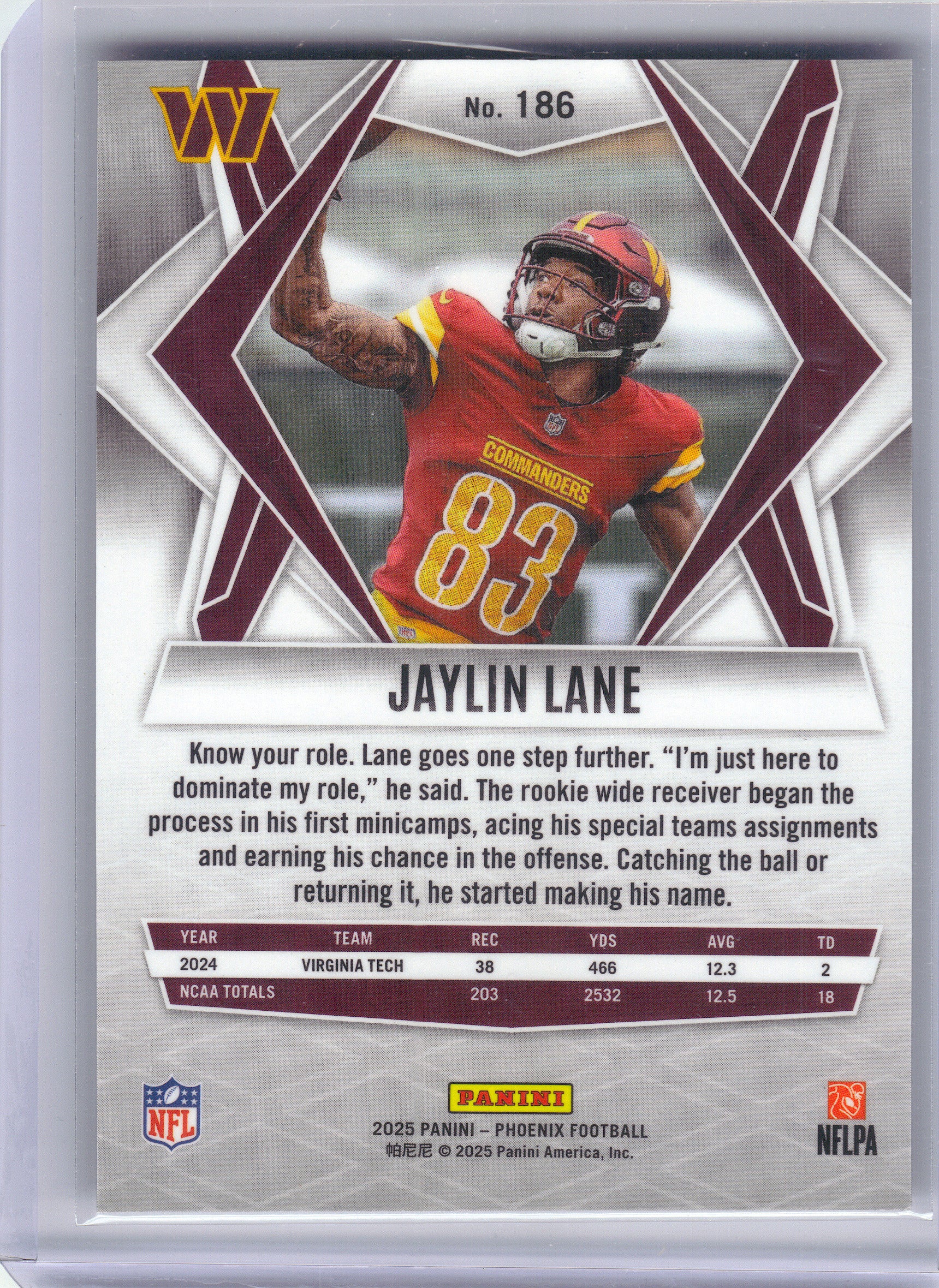 2025 Panini Phoenix #186 Jaylin Lane Silver Mojo Prizm Washington Commanders RC