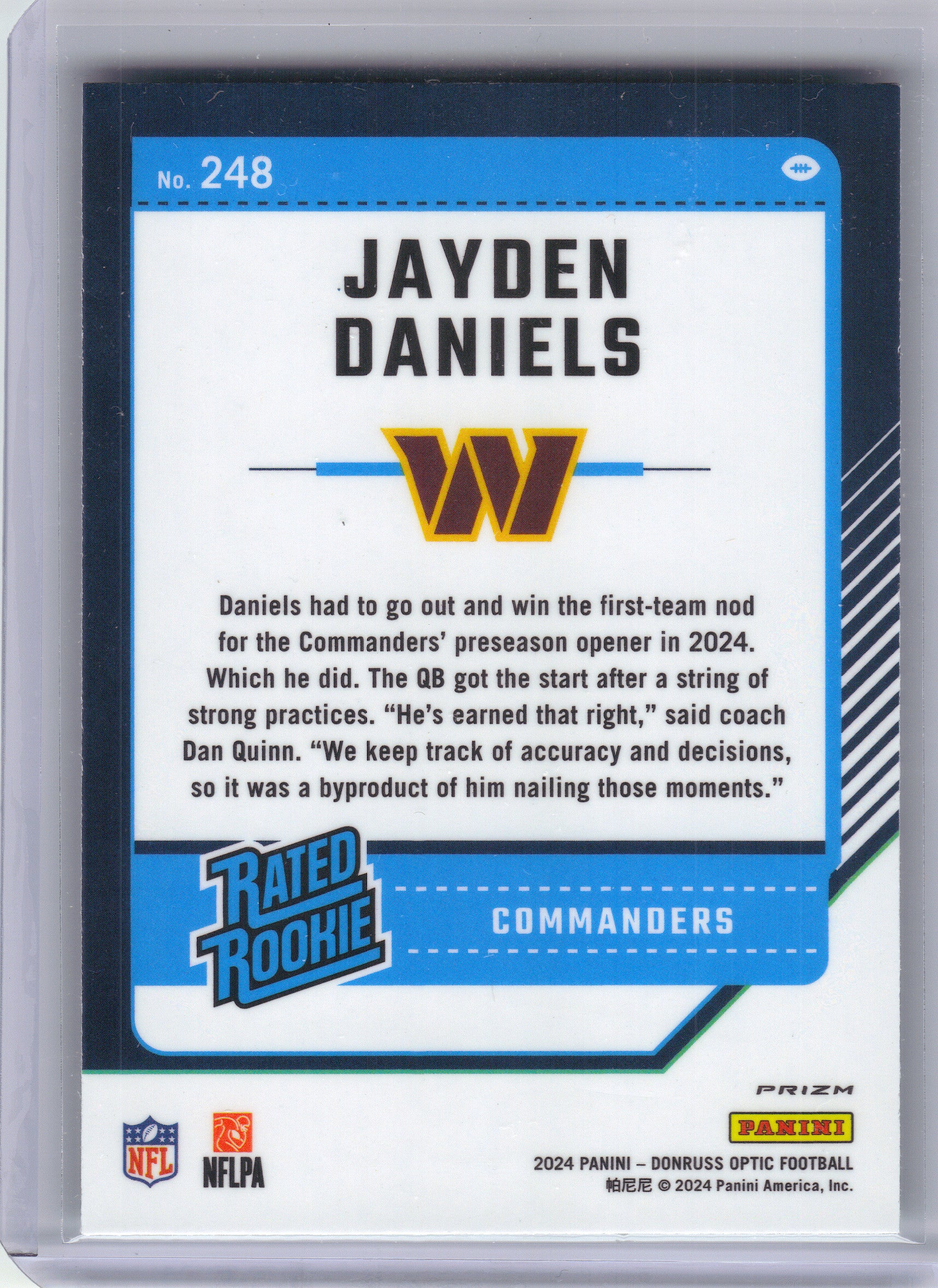 2024 Donruss Optic #248 Jayden Daniels Green Velocity Washington Commanders