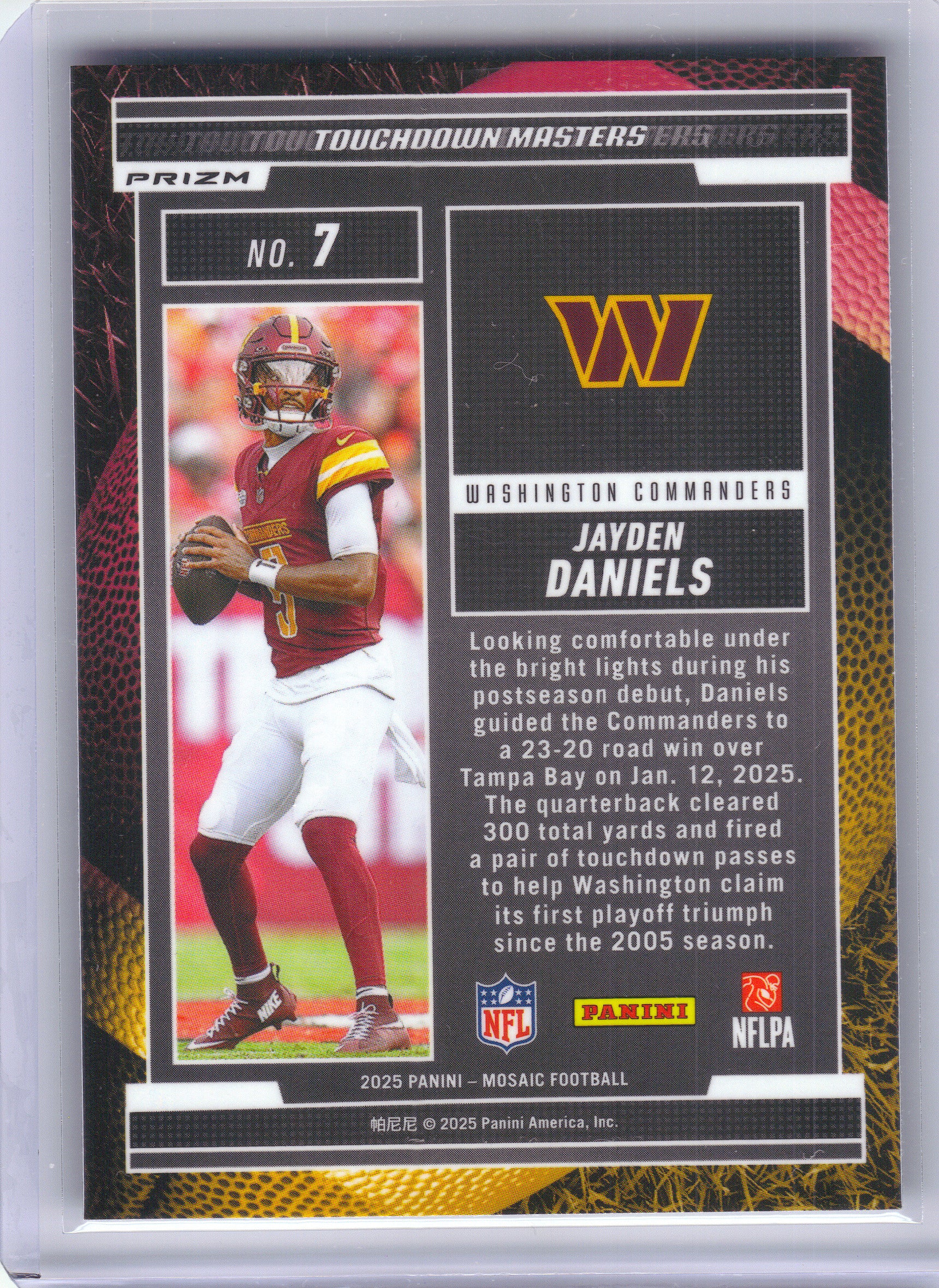 2025 Panini Mosaic #7 Jayden Daniels Touchdown Masters Mosaic Orange Fluorescent Washington Commanders