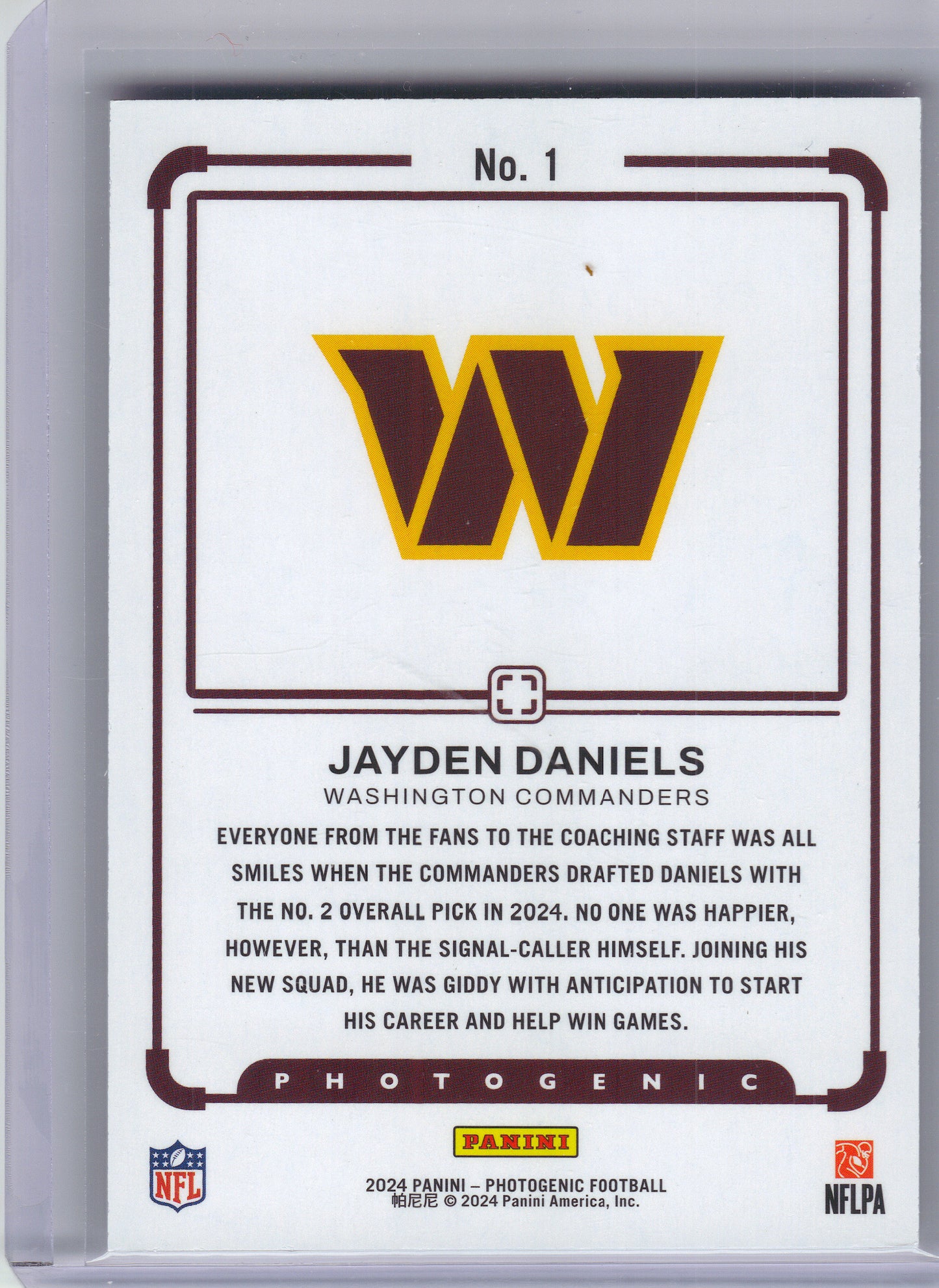 2024 Panini Photogenic #1 Jayden Daniels Draft Snapshots Washington Commanders